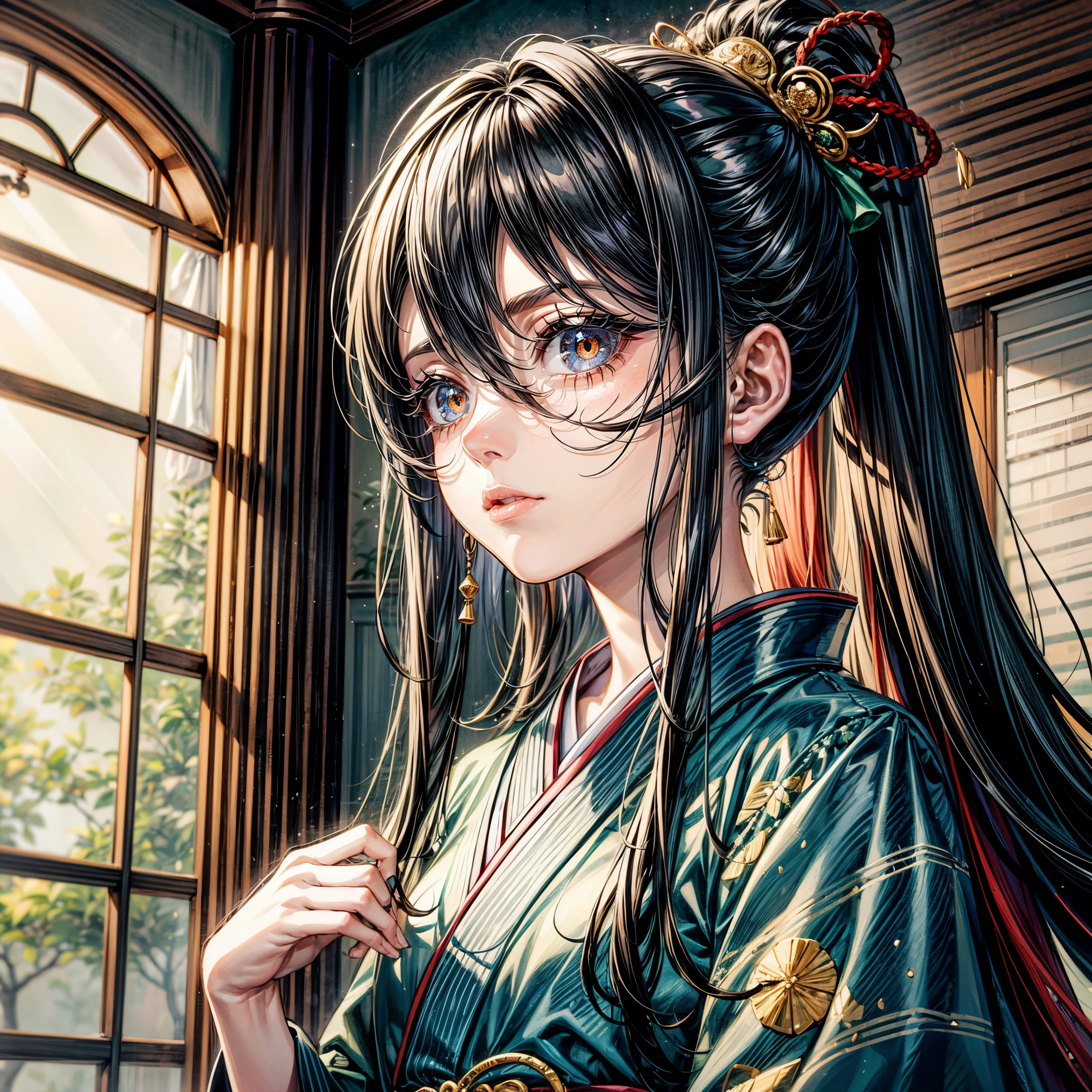 masterpiece,highest quality,Ultra high definition, Ono no Komachi, ancient Japanese court, graceful, elegant, kimono, deep jade green eyes, jet black hair, long flowing straight hair, golden hairpin, calm and pensive expression,Center parted haircut,hair parted in the middle,Deep jade green eyes, forehead,jade green eyes,smile, center parted ponytail