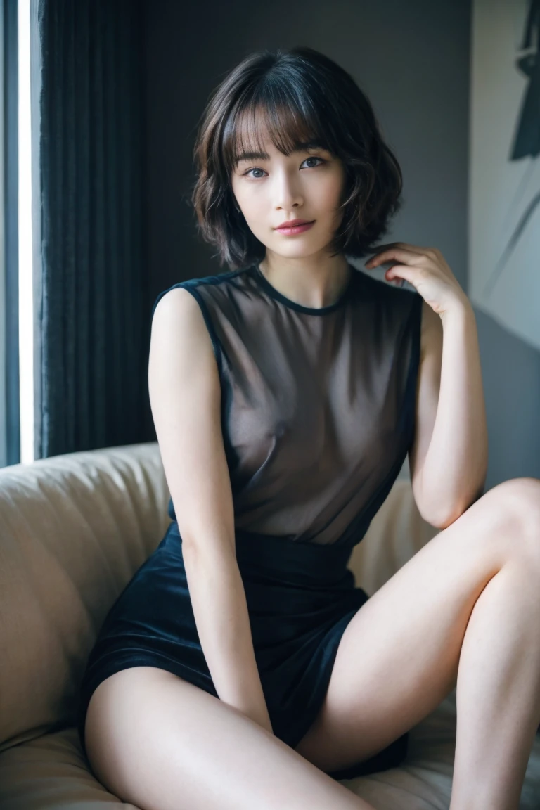 (((大people々Women１people々))),(((Beautiful short bob cut))),((have bangs)),(whole body:1.5)，(1 girl:1.3)，(show viewer:1.4)，(anatomically correct:1.4)，naked，(sitting on the sofa)，(luxurious hall)，(with perfect legs)，(full legs)，(Accurate、perfect face shape:1.3)，ultra high resolution，ray tracing,reflected light， Correct Structure，award-winning，high detail，Brighten the contrast of shadows，face lighting ，movie theater lighting，masterpiece，Super detailed，high quality，high detail， 最high quality，16k，high contrast, spread your legs