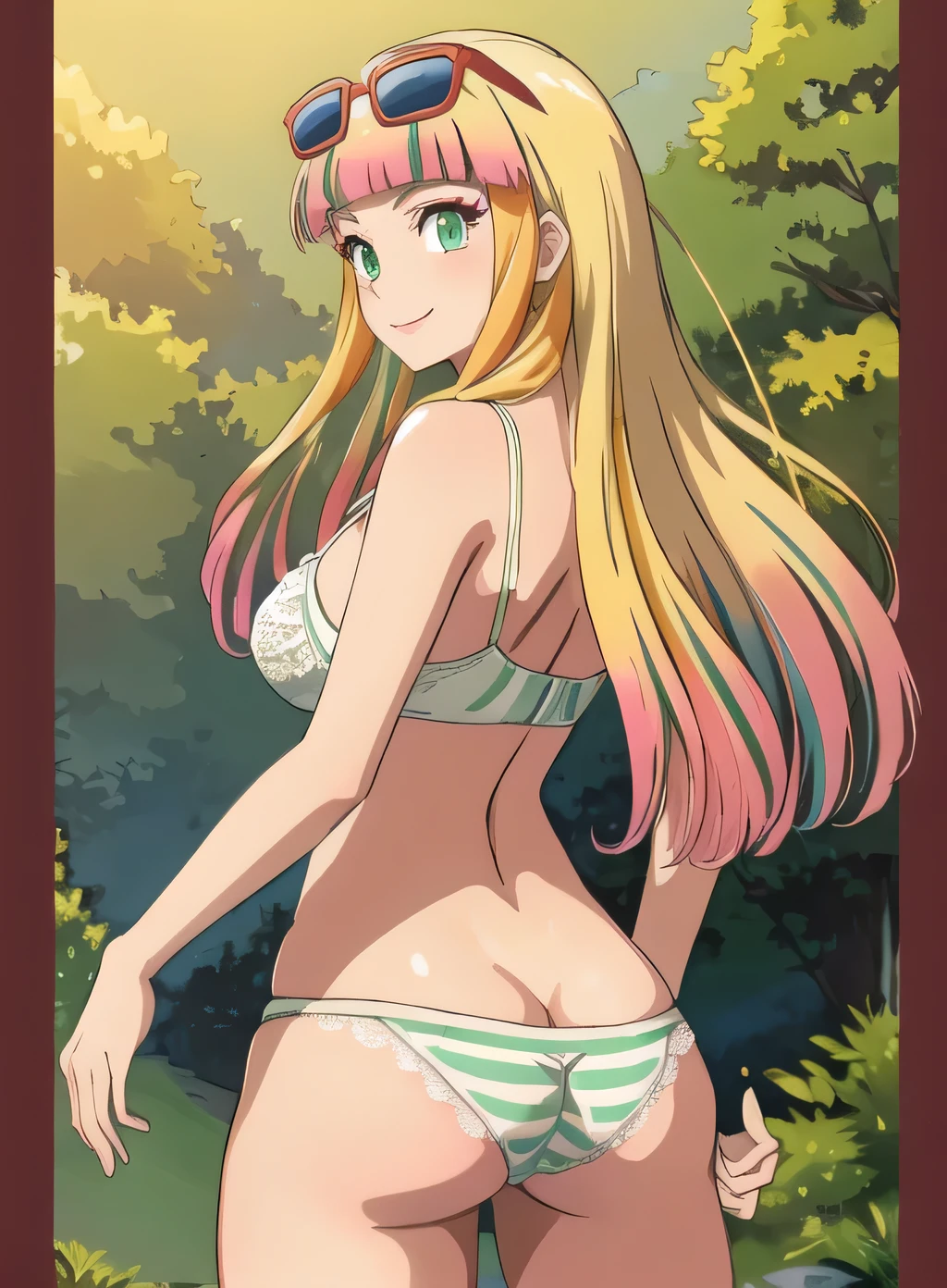 best quality, (masterpiece),(ultra-detailed), (high quality), (high resolution),risa, long hair, blonde hair, green eyes, multicolored hair, bangs, pink hair, blunt bangs, makeup, sunglasses, cleavage, fit body, smile, white lace bra, striped panties, from behind 