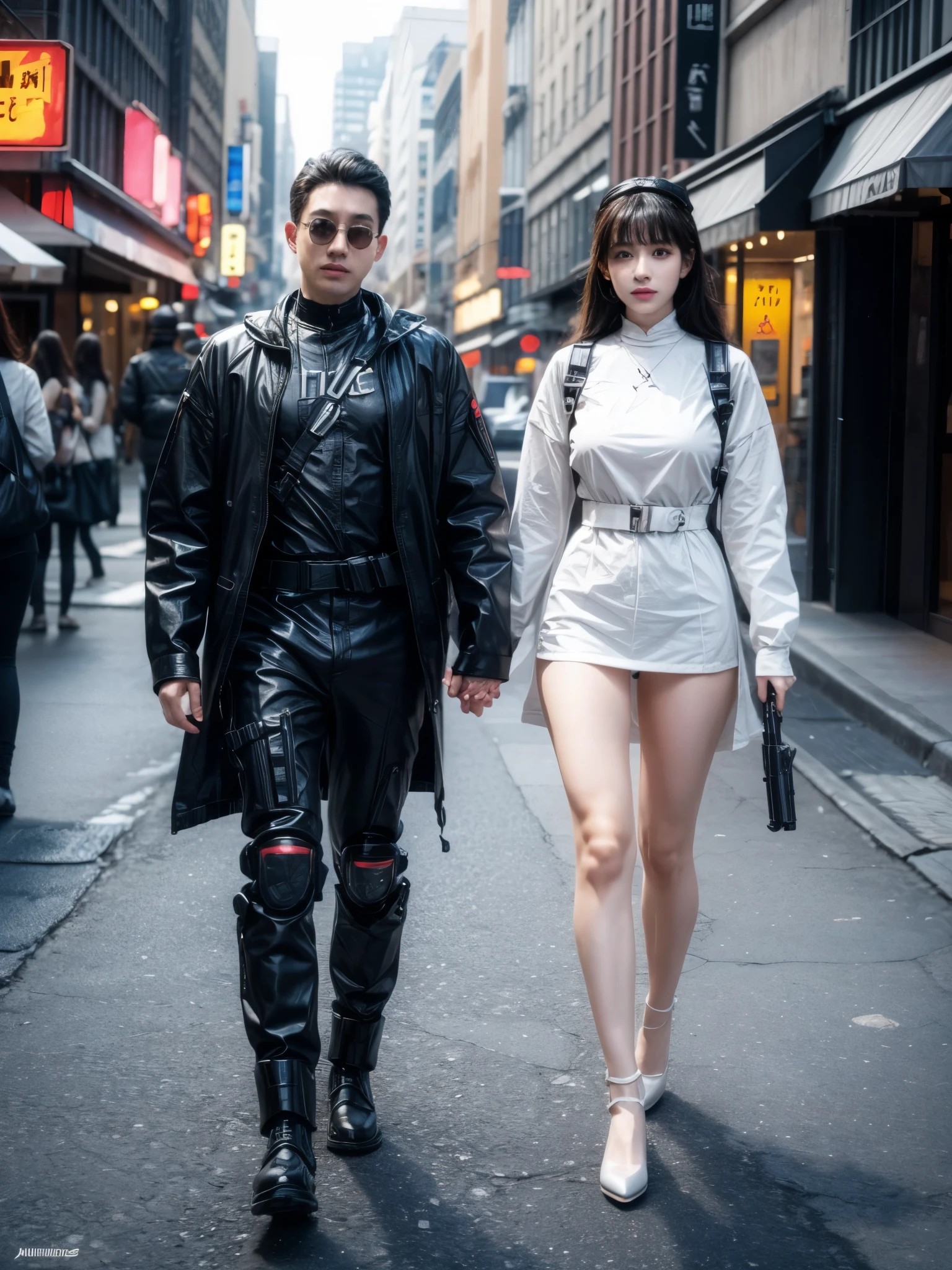 They're two robots walking down the street with guns, Detailed cinematography, Steampunk digital art, big studio, Still images from TV series, Anthropomorphic female, Recommended on Vimeo, yasuke 5 0 0 px model, Robert Koehler, interconnected human life forms, Shooting with an anamorphic lens