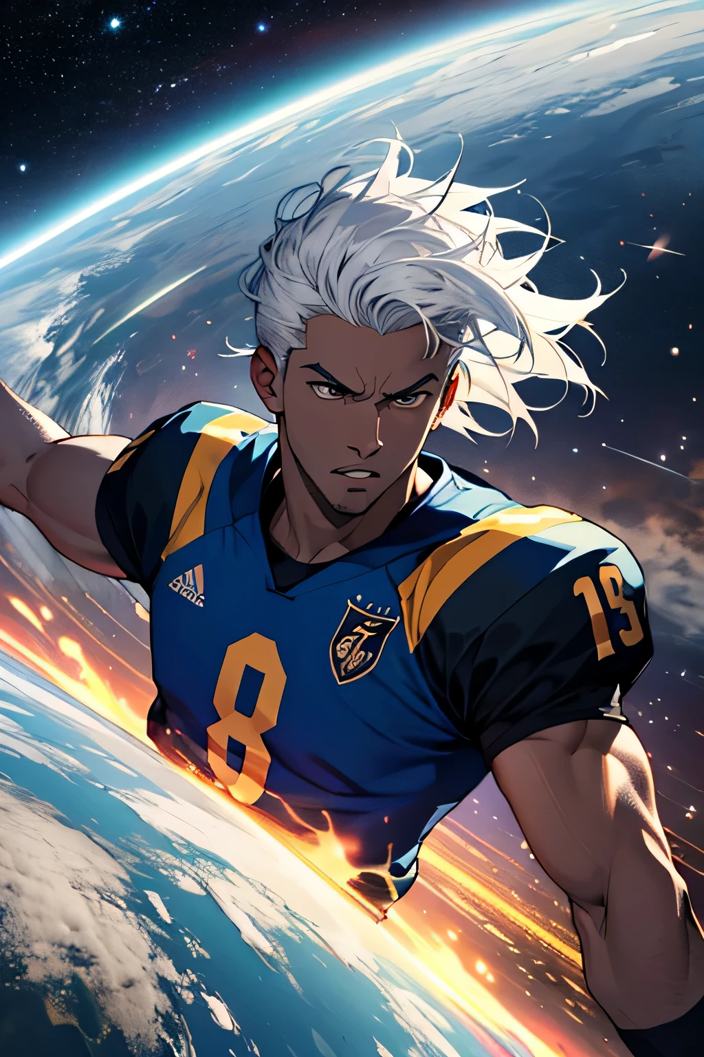 homem, 20 anos de idade, pele negra, cabelo branco, brincos nas orelhas e uma pera no nariz, com roupas de anime cadeado AZUL, cabelo branco, he is in a field with several universes in the background he has white hair and he has the background and a universe full of planets and stars he is in a football field the size of the universe circling him as if he were a black hole, He's furious