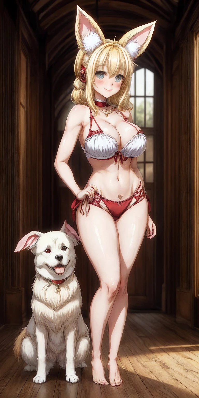 Roxanne Demin kin 1girl, solo, breasts, large breasts, Body position: Standing, straight, symmetrical, barefoot, Lustful smile on face with red blush, fluffy ears, dog ears, blonde hair