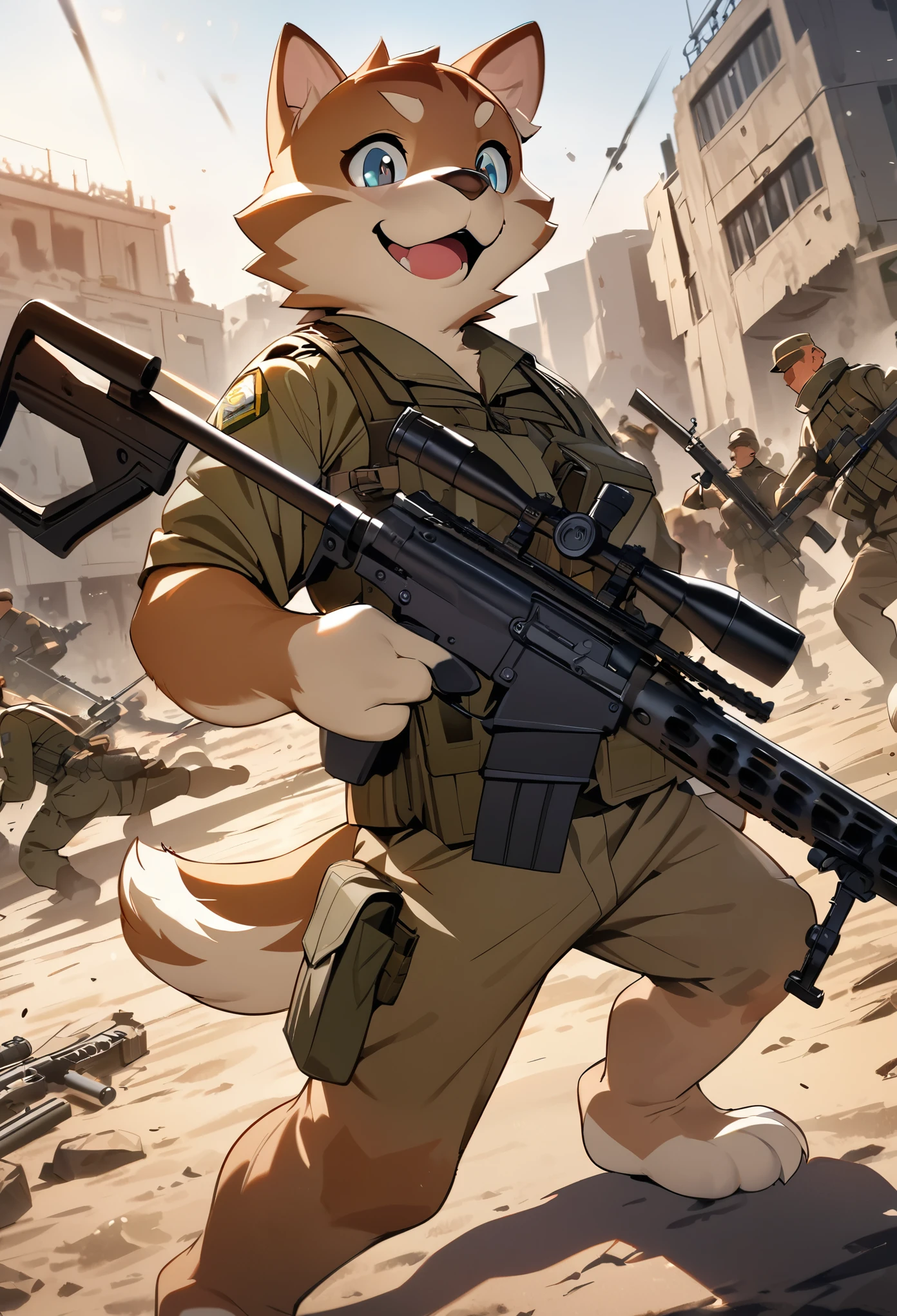 top quality, best quality, High-quality illustrations, masterpiece, super high resolution, detailed background, Military Headquarters, Maritime Self-Defense Force, rifle, sniper, battlefield, absurdres, perfect anatomy, expression, good lighting, cinematic shadow(kemono, furry anthro)assorted poses, dynamic angle,