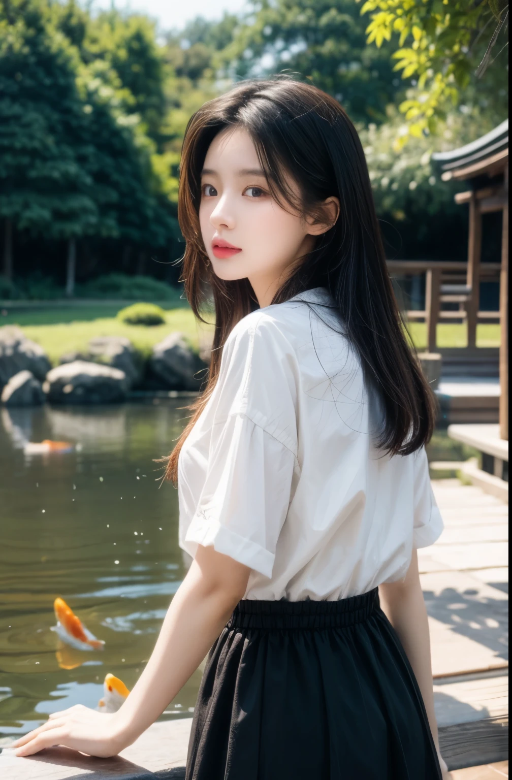 1girl, looking at the viewer, water, pond, lake, shrine, koi