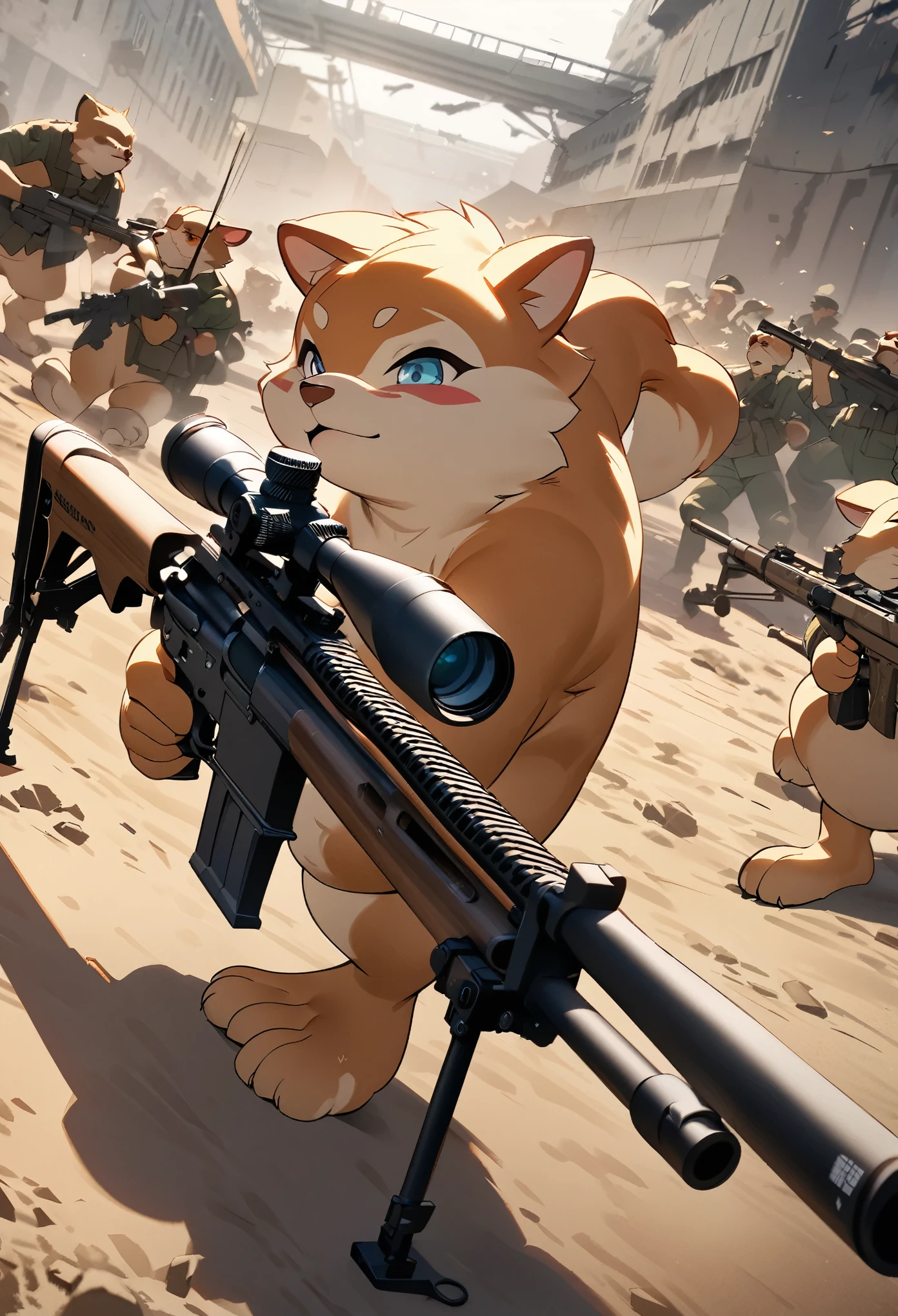 top quality, best quality, High-quality illustrations, masterpiece, super high resolution, detailed background, Military Headquarters, Maritime Self-Defense Force, rifle, sniper, battlefield, absurdres, perfect anatomy, expression, good lighting, cinematic shadow(kemono, furry anthro)assorted poses, dynamic angle,