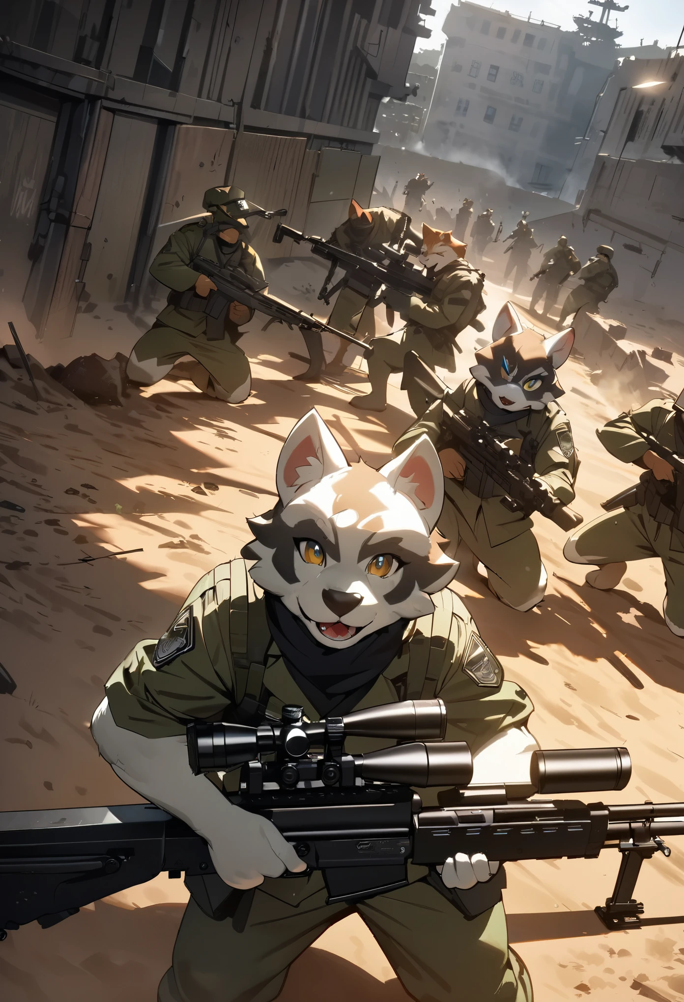 top quality, best quality, High-quality illustrations, masterpiece, super high resolution, detailed background, Military Headquarters, Maritime Self-Defense Force, rifle, sniper, battlefield, absurdres, perfect anatomy, expression, good lighting, cinematic shadow(kemono, furry anthro)assorted poses, dynamic angle,