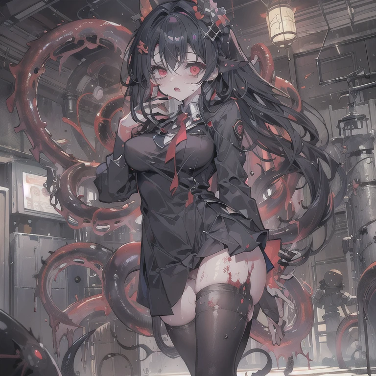 masterpiece, best quality, masterpiece,best quality,official art,extremely detailed CG unity 8k wallpaper, show foot, , solo, kawaii, no_humans, medium hair, black hair, tentacle hair, saliva, blood on face, light blush, red eyes, blood from eyes, large breasts, hanging breasts, one breast out, seifuku, black pantyhose, uwabaki, tentacle, vore, bdsm, girl_on_top, sex, femdom, facesitting, pussy_juice, female_ejaculation, cum, zombie girl ,one girl one boy,Girl infects boy