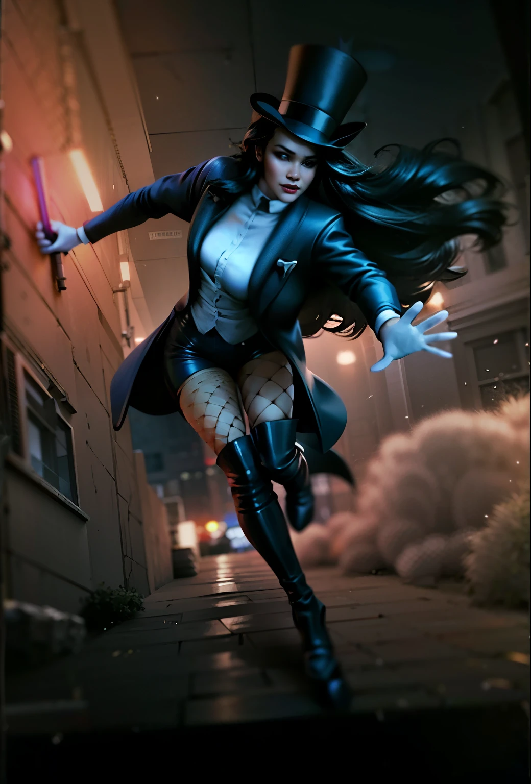 a beautiful woman wearing a top hat and magician outfit, pretty face, wearing sexy fishnet stockings, sexy figure, sexy legs, wearing white gloves, holding a magic wand, wearing black leather boots, with long black hair, running down a street, with a tux, tuxedo suit with coat tails, highly detailed, in the style of stanley artgerm, julie bell, alex ross, realism, dramatic, 4k, beautiful superhero pose, dynamic action, magic, DC comics style, trending on artstation, high quality render, octane render, rim lighting, dramatic lighting, 4k, highly detailed art