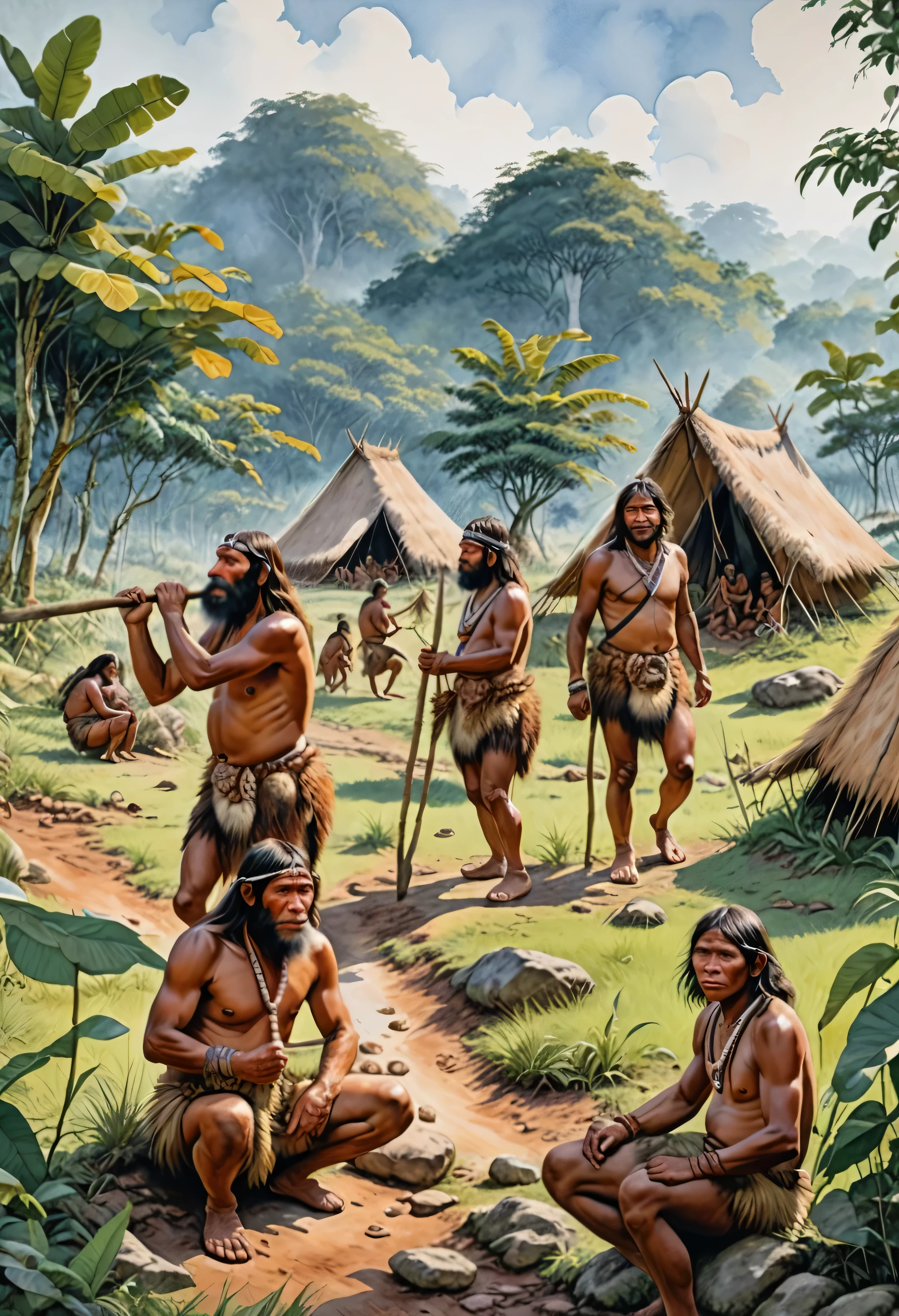A group of Neanderthals，Illustration of working in the fields, Production period、Villagers are busy carrying，Brazilian Amazon Indians, , Tribal members，distant forest，（Animal skins on the ground：1.2）greening，trees，flowers，land，Stone，Animal hide tent，（A tent on the lower right，A child resting in a tent：1.5）Savage in animal skins，author：Randolph Caldecott, (watercolor painting, masterpiece, line art, illustration art, Professional line art, Super complex and detailed, Chinese painting，8K:1.3)
