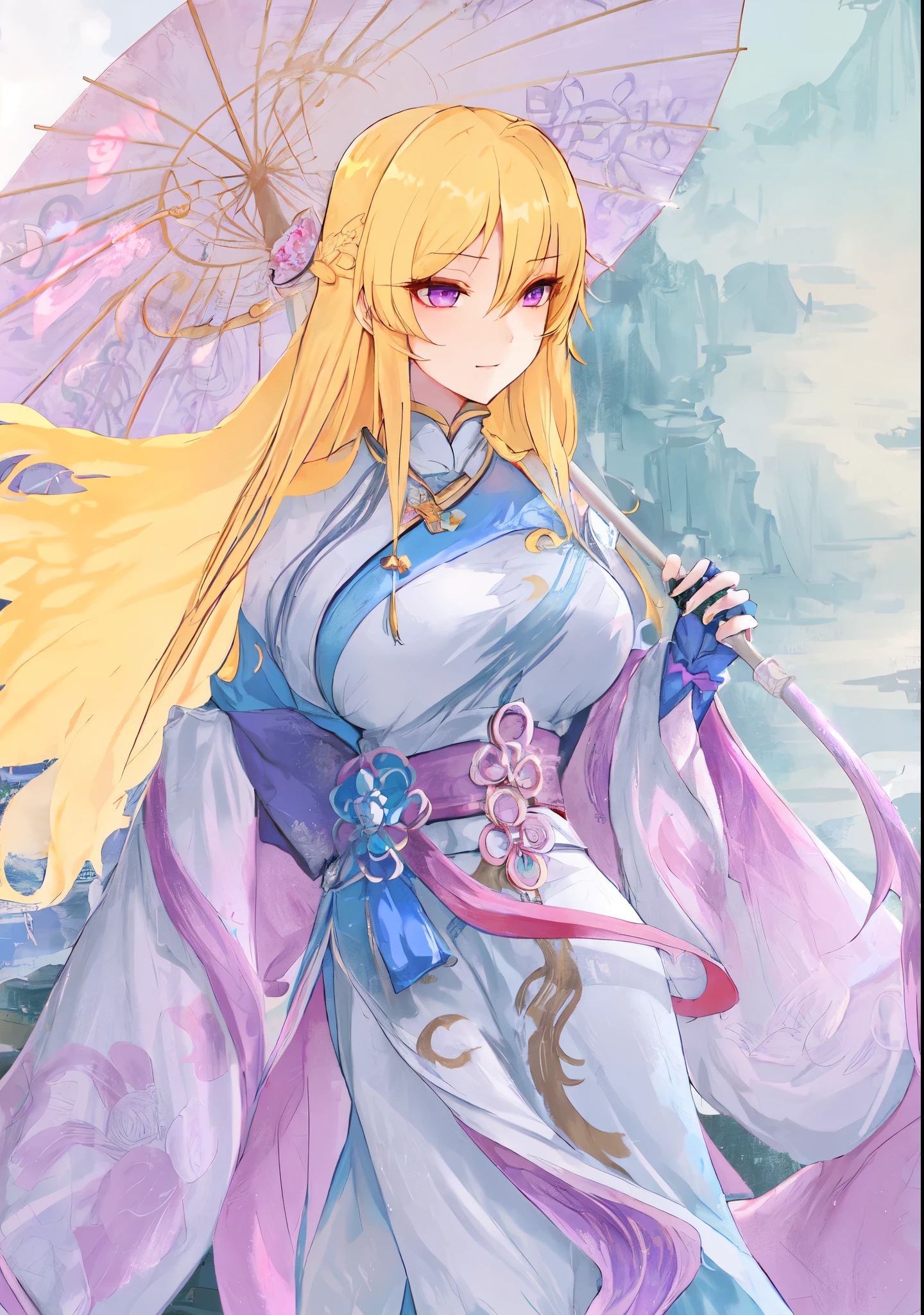 long blond hair,wearing blue dress,holding an umbrella, ((Wearing noble robes)), from desire, Flowing Chinese Robe, ((beautiful fantasy queen)), wearing nice clothes, Desire Personality, Blonde long hair anime girl,Rina Nagikiri,Three Kingdoms style,Dynasty Warriors,antiquity,Chinese style,Chinese ancient costume,Long golden hair,holding an umbrella,purple eyes,golden eyelashes,huge breasts,Character portrait,Halberd Spirit