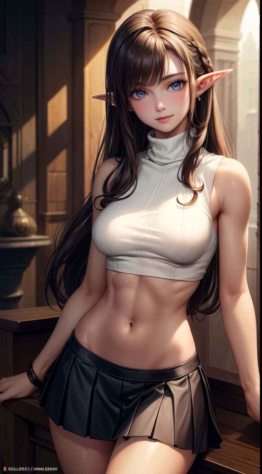 (masterpiece:1.3), High resolution, Super detailed, Highly detailed CG Unity 8K wallpaper, realistic, photo-realistic, Raw photo, Beautiful and dense face, pale skin, realistic glistening skin, fine cloth texture, detailed hair texture, perfect body, beautiful face, Accurate, anatomically correct, Highly detailed face and skin texture, natural neck length, (beautiful hands), (Fair skin:1.2), thin legs, thin legs,
break,
fine eyes, symmetrical eyes, light brown eyes, double eyelid, thin eyebrows, (glossy lips:1.4), (smile gently:1.2),
break,
(NSFW:1.1), (classy and cute girl:1.3), (1 girl), ((Wearing a white sleeveless turtleneck midriff sweater:1.3)), ((No bra:1.1)), (black pleated skirt), (knee high boots),
(Medium sized big breasts, slender body shape, toned abdominal muscles, firm chest:1.1), beautiful clavicle,
(dark blonde hair, wavy hair, long hair:1.2), ((asymmetrical bangs:1.2)), (((elf)))