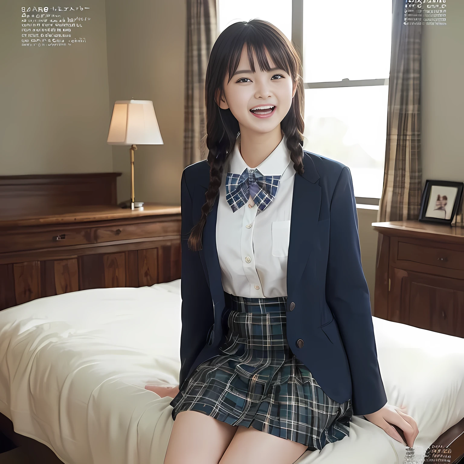 (highest quality、masterpiece:1.2)、highest quality、realistic、photograph、High resolution、1080p、8K、The face is especially pale., physical rendering、((only one Japanese girl)), (((((A 15-year-old Japanese girl, 155cm tall, is a super beautiful fashion model for a magazine for girls, appealing to readers how cute she is in uniform.))))), , (((big very detailed beautiful dark brown eyes))), ((blue girly large wine-red glossy polyester Japanese school ribbon bow tie)), (((black very beautiful and very very long braids hair))), ((((deep blue colored tartan checkered formal long pleated pleated skirt)))), ((A unpatterned formal dark blue blazer in solid that is slightly oversized and has an emblem on the left chest.)), (((((((laughing at me!))))))), mouth is open, The large blazer and skirt are very cute., detailed fingers, ((curled bangs)), so beautiful, ((Carefully and delicately beautifully drawn、Very big and very very very cute eyes of a Japanese girl)), double eyelids, thin eyebrows, ((drooping eyes)), (((very long eyelashes))), ((cute lovely lovely laughing laughing cheeks)), ((Pure white light hits her face from above and in the front, making her skin and eyes shine beautifully.)), ((Strong light hits the nose and cheeks、It brings out the richness of the expression.)), (((((She has a very expressive face, very pure and very sweet.))))), (((Girls are watching viewers))), (((((At a very gorgeous room))))), (((shot from the side)))