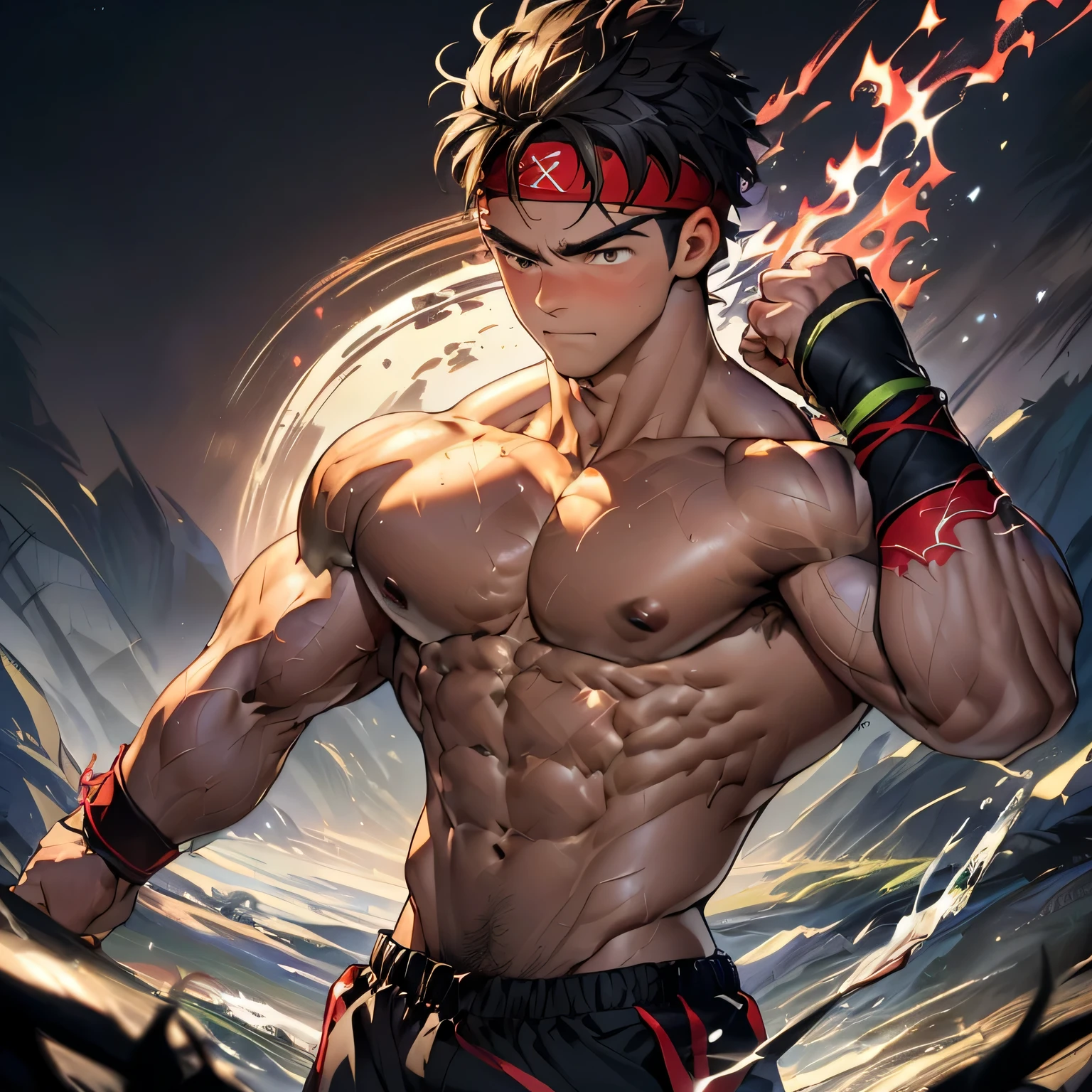 (Masterpiece, Best quality 19 year old boy, black background), solo, Young, boy, muscler, Shirtless, topless, (Dark Short straight hair, under cut, brown eyes), (red headband, ((black wristband))), Vivid colors, (hot Abs:1.2, abs!, big abs, big breast:1.2, chest!, muscler upper arms), (topless male), muscler!, muscler body, (aura power:1.4), detailed face, detailed muscle, serious, (((A magical mystical aura, random pose, powerful, action, rippling muscles, fighting)))