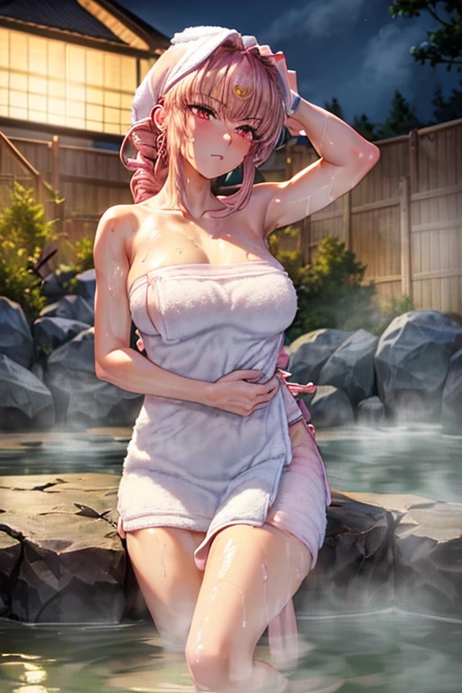 masterpiece,best quality,high resolution,8k,(perfect face:1.3),(megami magazine:1.2),perfect body,full body(FGO:1.5),(light pink single braid a bun hair:1.3),red eyes,1woman,pale skin,(fighter:1.3),large breasts,large ass,small nipples,(clothed:1.5),(night view:1.3),(Relaxing:1.5),(erect nipples:1.1),(cameltoe:1.2),(wrapping a bath towel around the body:1.8)(onsen:1.8),(:1.5),(beautiful scenery),(perfect face),(sweat:1.5),(),