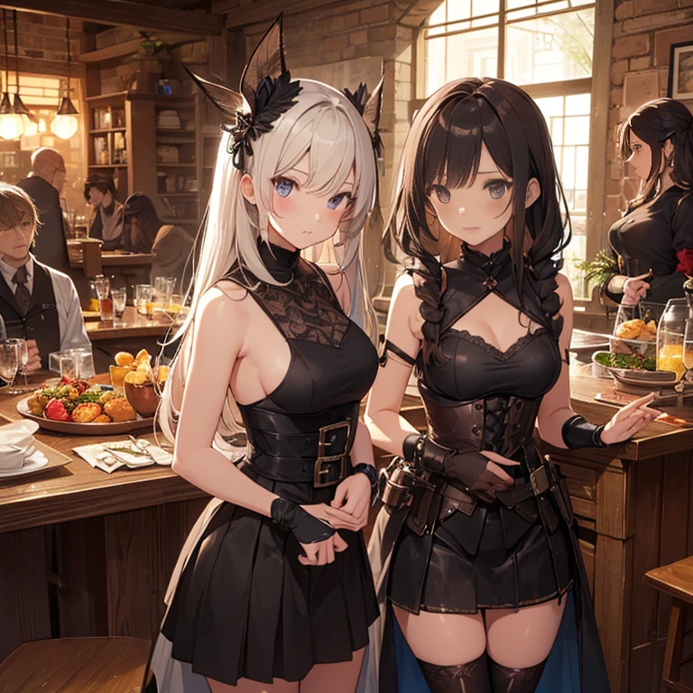A group of female medieval fantasy adventurers, (in tavern), various hair styles, harem, night, details face, short skirt, seducing, sleeveless, armor