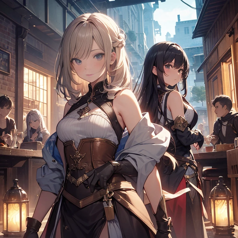 A group of female medieval fantasy adventurers, (in tavern), various hair styles, harem, night, details face, short skirt, seducing, sleeveless, armor