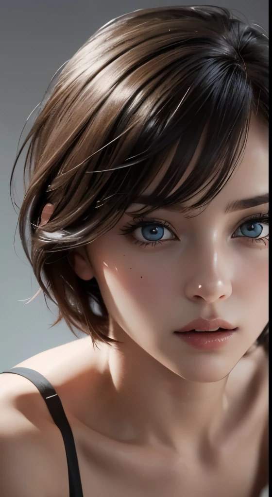 8k uhd、RAWphotograph、モデルphotograph撮影、 (masterpiece, highest quality, photorealistic, High resolution, photograph: 1.3), Close-up, Focusing, hot models, slim, 30 year old mature woman、small face、short cut hair、dark brown hair、Detailed beautiful eyes、realな肌, (perfect body), Sexy hot face, erotic, sexual gaze, slim, Sweat top, Detailed beautiful eyes、glossy lips、small breasts、、bust B cup、((bright light、dynamic lighting、real、超real、 realism、realistic details、Cool Beauty、cool pose、sexy costume、background gray、Plain gray background