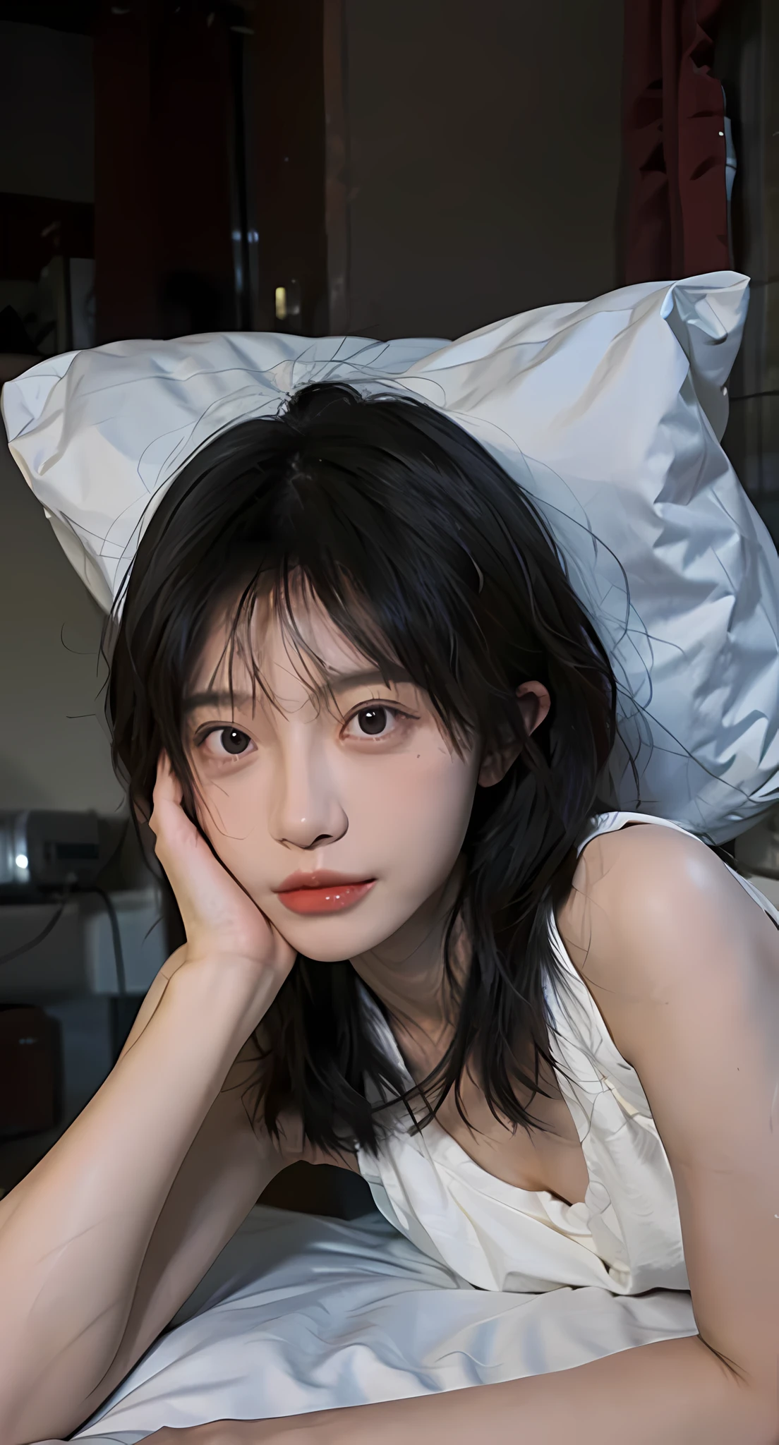 best qualtiy, ultra high resolution, (realisticlying:1.4),1girll,short detailed hair,bunnygirl,Raised sexy,Lying in bed, pink, cute.