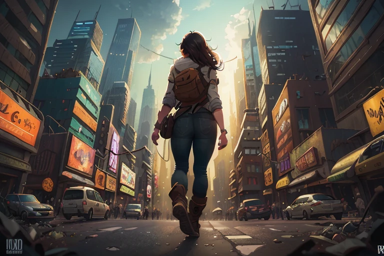 best quality, HDR, UHD, (adventurer,explorer) walking in a city, back view, extremely realistic image, (big, ample, curvaceous) buttocks, ultra-detailed, (realistic, photorealistic, photo-realistic:1.37), (dark-haired, brunette) adventurer wearing casual clothes, wandering through a bustling urban environment, surrounded by tall buildings and vibrant street lights, dynamic composition, sharp focus on details, high-res, (busy, crowded) streets filled with people and vehicles, atmospheric perspective, vivid colors, dramatic shadows and highlights, (modern, contemporary) cityscape, (urban, metropolitan) atmosphere, studio lighting, emphasizing character's silhouette, depth of field, bokeh, visually striking scenery, capturing the energy and excitement of urban exploration.