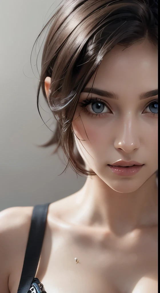 8k uhd、RAWphotograph、モデルphotograph撮影、 (masterpiece, highest quality, photorealistic, High resolution, photograph: 1.3), Close-up, Focusing, hot models, slim, 30 year old mature woman、small face、short cut hair、dark brown hair、Detailed beautiful eyes、realな肌, (perfect body), Sexy hot face, erotic, sexual gaze, slim, Sweat top, Detailed beautiful eyes、glossy lips、small breasts、、bust B cup、((bright light、dynamic lighting、real、超real、 realism、realistic details、Cool Beauty、cool pose、sexy costume、background gray、Plain gray background