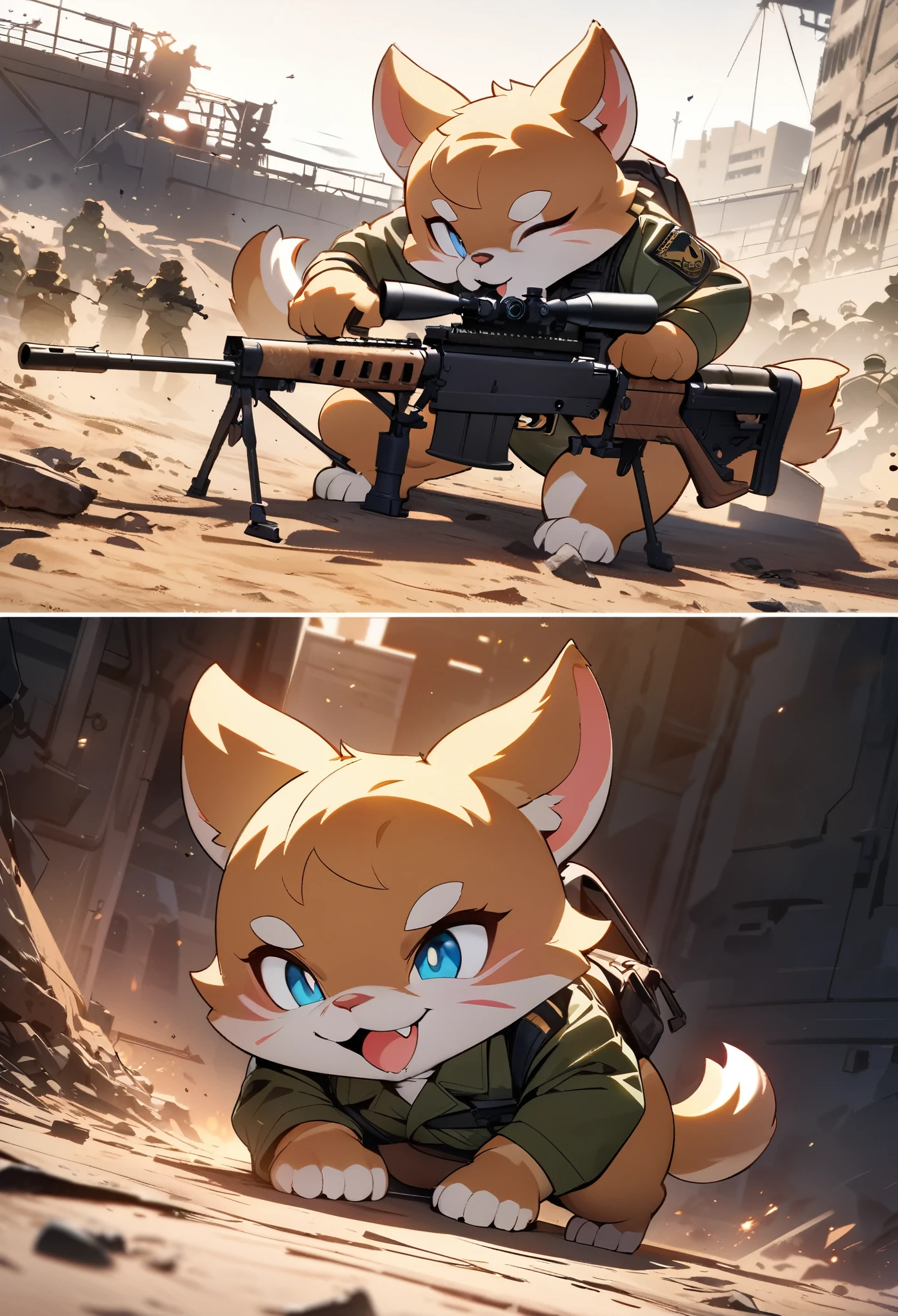 top quality, best quality, High-quality illustrations, masterpiece, super high resolution, detailed background, Military Headquarters, Maritime Self-Defense Force, rifle, sniper, battlefield, absurdres, perfect anatomy, expression, good lighting, cinematic shadow(kemono, furry anthro)assorted poses, dynamic angle,