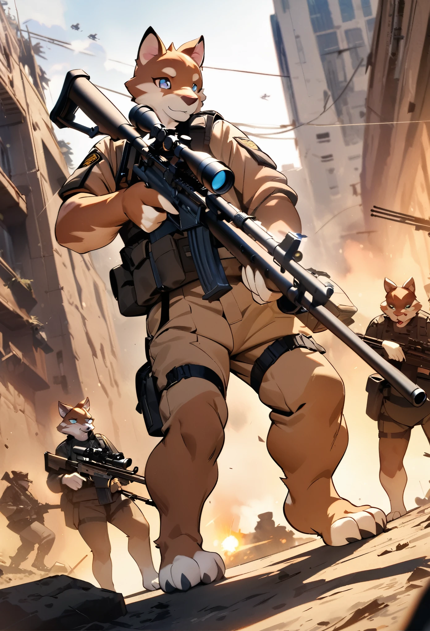 top quality, best quality, High-quality illustrations, masterpiece, super high resolution, detailed background, Military Headquarters, Maritime Self-Defense Force, rifle, sniper, battlefield, absurdres, perfect anatomy, expression, good lighting, cinematic shadow(kemono, furry anthro)assorted poses, dynamic angle,