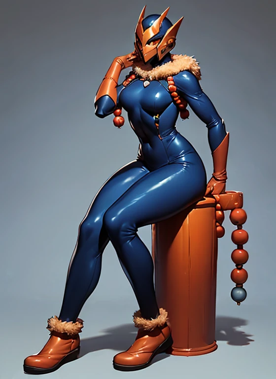 plush fur lined collar, perfect proportions, anatomically correct, (head to toe: 2.0), (full body image: 2.0), 1girls, solo, (Casshern: 1.6), extremely stylized, deviant art, masterpiece, highly detailed, bright eyes, ((wide hips)), detailed eyes, expressive detailed eyes, wide eyed, detailed pupils, futuristic, ((1950s scifi helmet)), ((pointy helmet)), Rubber Gloss, blush, (rubber skinsuit:1.4), fur lined white boots, blush, small breasts, lots of freckles, super textured detailed skin, entire body image, full body shot, nvinkpunk, professional photograph of alexander_skarsgard, tassles, large beads, navy blue orange and white, ((crouching)), cyberpunk, inkpunk