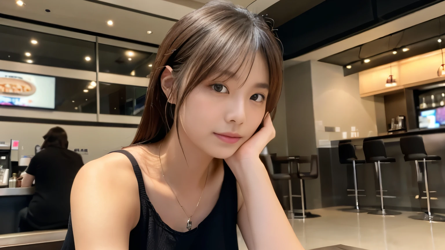 (highest quality、8K、32k、masterpiece、nffsw:1.2)、A Japanese actress waiting for her flight at an airport cafe terrace, Before leaving for overseas travel, Upper body