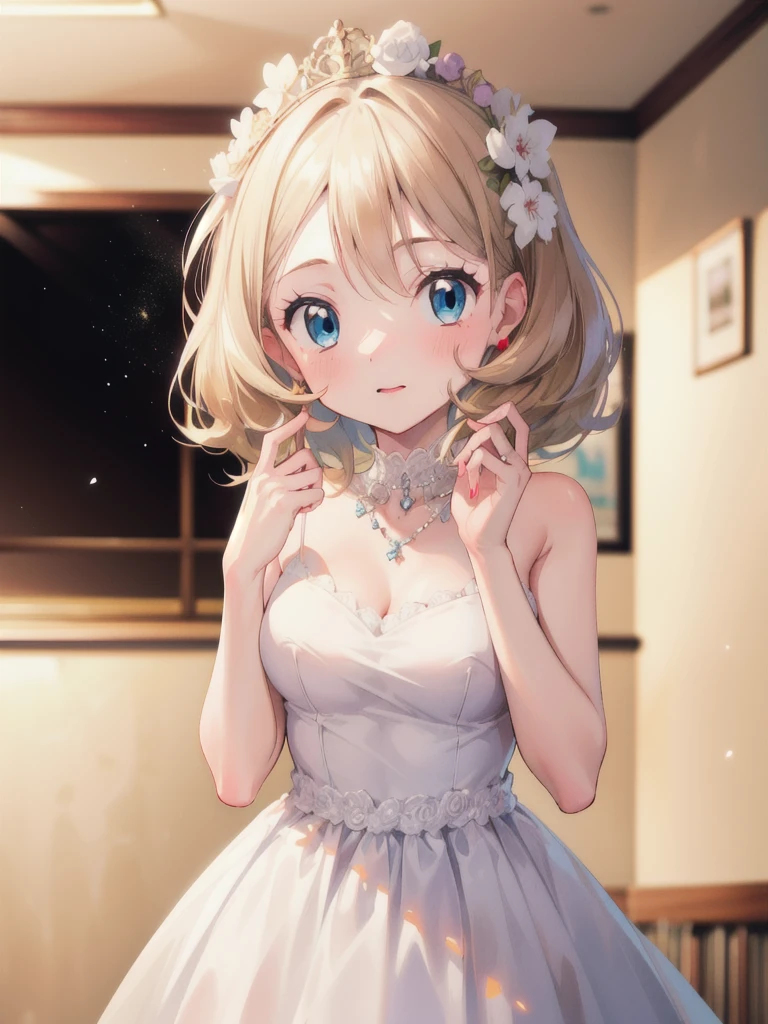 gonzarez, masterpiece, Serenaj, 1girl,l solo, 
 blue eyes, blonde hair, medium hair, open eyes , wedding outfit, cuteness, lovely 