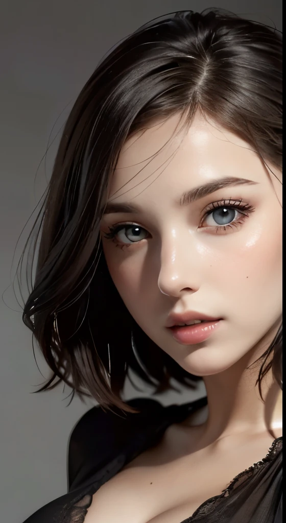 8k uhd、RAWphotograph、モデルphotograph撮影、 (masterpiece, highest quality, photorealistic, High resolution, photograph: 1.3), Close-up, Focusing, hot models, slim, 30 year old mature woman、small face、short cut hair、dark brown hair、Detailed beautiful eyes、realな肌, (perfect body), Sexy hot face, erotic, sexual gaze, slim, Sweat top, Detailed beautiful eyes、glossy lips、small breasts、、bust B cup、((bright light、dynamic lighting、real、超real、 realism、realistic details、Cool Beauty、cool pose、sexy costume、background gray、Plain gray background