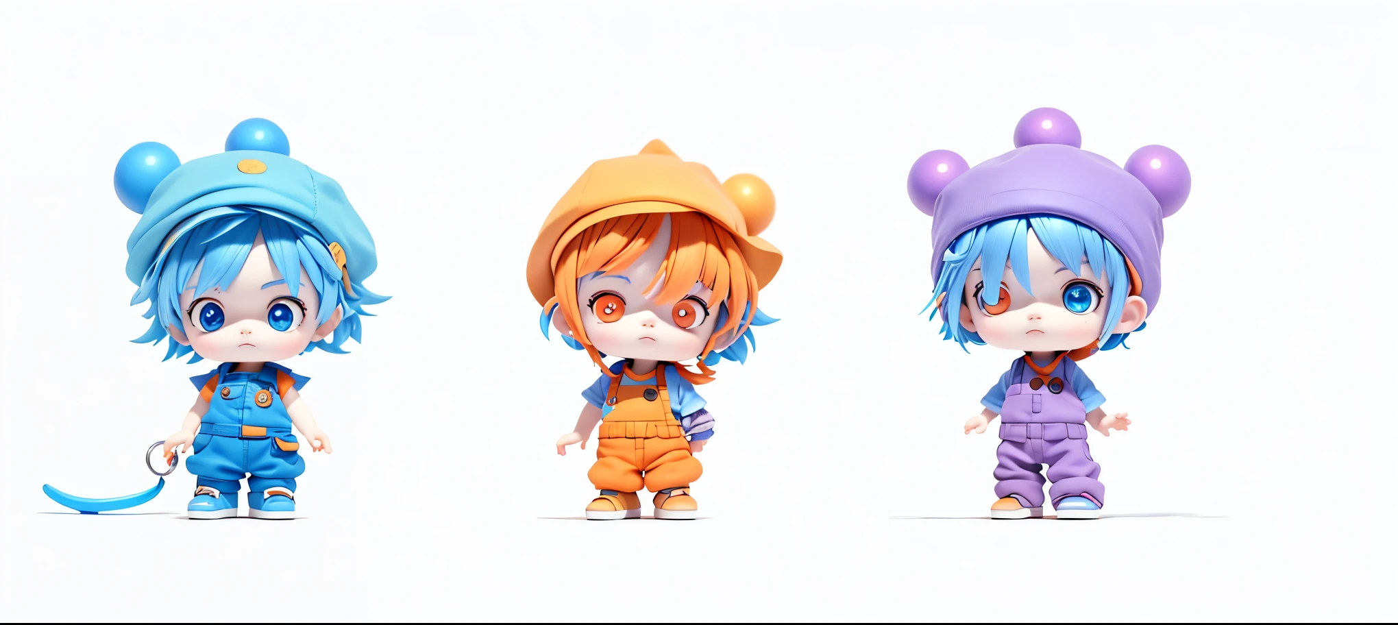  girl standing，blue hair，short hair，Blue vest，Orange short sleeves，blue eyes，Blind box toy style，Littletanding，orange clothes，short hair，blue hat，