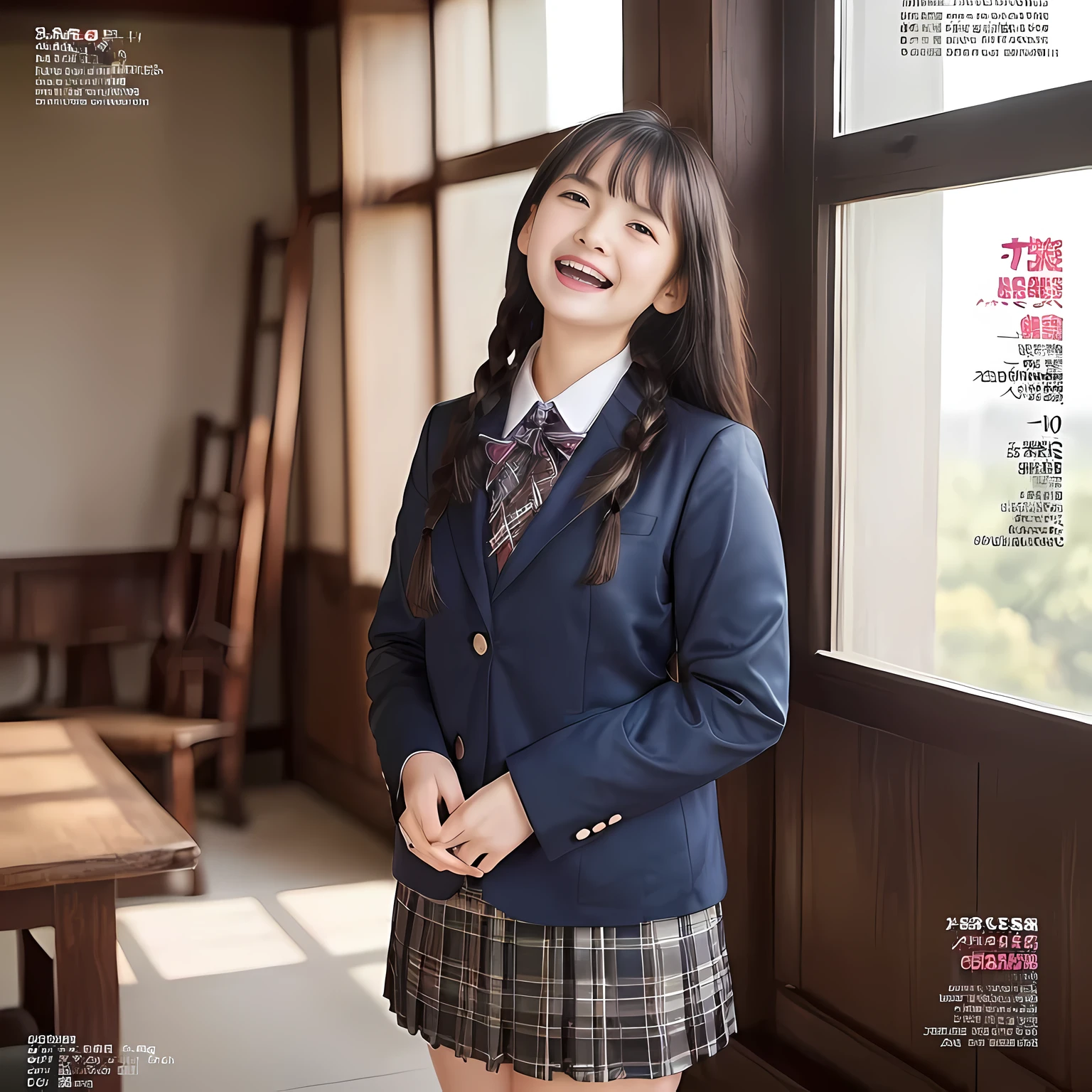 (highest quality、masterpiece:1.2)、highest quality、realistic、photograph、High resolution、1080p、8K、The face is especially pale., physical rendering、((only one Japanese girl)), (((((A 15-year-old Japanese girl, 155cm tall, is a super beautiful fashion model for a magazine for girls, appealing to readers how cute she is in uniform.))))), , (((big very detailed beautiful dark brown eyes))), ((blue girly large wine-red glossy polyester Japanese school ribbon bow tie)), (((black very beautiful and very very long braids hair))), ((((deep blue colored tartan checkered formal long pleated pleated skirt)))), ((A unpatterned formal dark blue blazer in solid that is slightly oversized and has an emblem on the left chest.)), (((((((laughing at me!))))))), mouth is open, The large blazer and skirt are very cute., detailed fingers, ((curled bangs)), so beautiful, ((Carefully and delicately beautifully drawn、Very big and very very very cute eyes of a Japanese girl)), double eyelids, thin eyebrows, ((drooping eyes)), (((very long eyelashes))), ((cute lovely lovely laughing laughing cheeks)), ((Pure white light hits her face from above and in the front, making her skin and eyes shine beautifully.)), ((Strong light hits the nose and cheeks、It brings out the richness of the expression.)), (((((Her face is expressive, very clean and very intelligent.))))), (((Girls are watching viewers))), (((((At a very gorgeous room))))), (((shot from the side)))