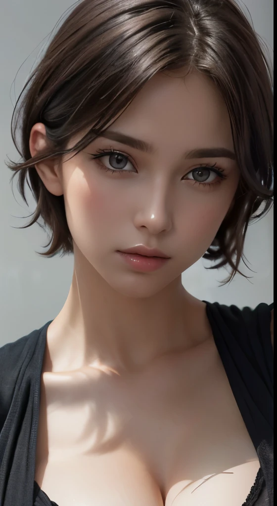 8k uhd、RAWphotograph、モデルphotograph撮影、 (masterpiece, highest quality, photorealistic, High resolution, photograph: 1.3), Close-up, Focusing, hot models, slim, 30 year old mature woman、small face、short cut hair、dark brown hair、Detailed beautiful eyes、realな肌, (perfect body), Sexy hot face, erotic, sexual gaze, slim, Sweat top, Detailed beautiful eyes、glossy lips、small breasts、、bust B cup、((bright light、dynamic lighting、real、超real、 realism、realistic details、Cool Beauty、cool pose、sexy costume、background gray、Plain gray background