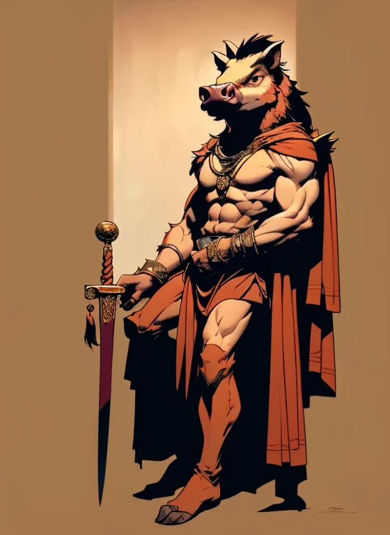 (head to toe: 2.0), (full body image: 2.0), solo, anthropomorphic boar, head of a boar, large, muscular, sitting on a throne, regal clothing, sword and cepter, facial piercings, , extremely stylized, deviant art, masterpiece, highly detailed, detailed eyes, expressive detailed eyes, detailed pupils, crown, boots, entire body image, full body shot, nvinkpunk, professional photograph of alexander_skarsgard, tassles, large beads, large tassels, 