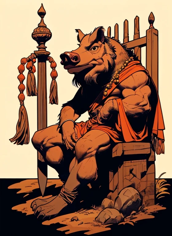 (head to toe: 2.0), (full body image: 2.0), solo, anthropomorphic boar, head of a boar, large, muscular, sitting on a throne, regal clothing, sword and cepter, facial piercings, , extremely stylized, deviant art, masterpiece, highly detailed, detailed eyes, expressive detailed eyes, detailed pupils, crown, boots, entire body image, full body shot, nvinkpunk, professional photograph of alexander_skarsgard, tassles, large beads, large tassels, 