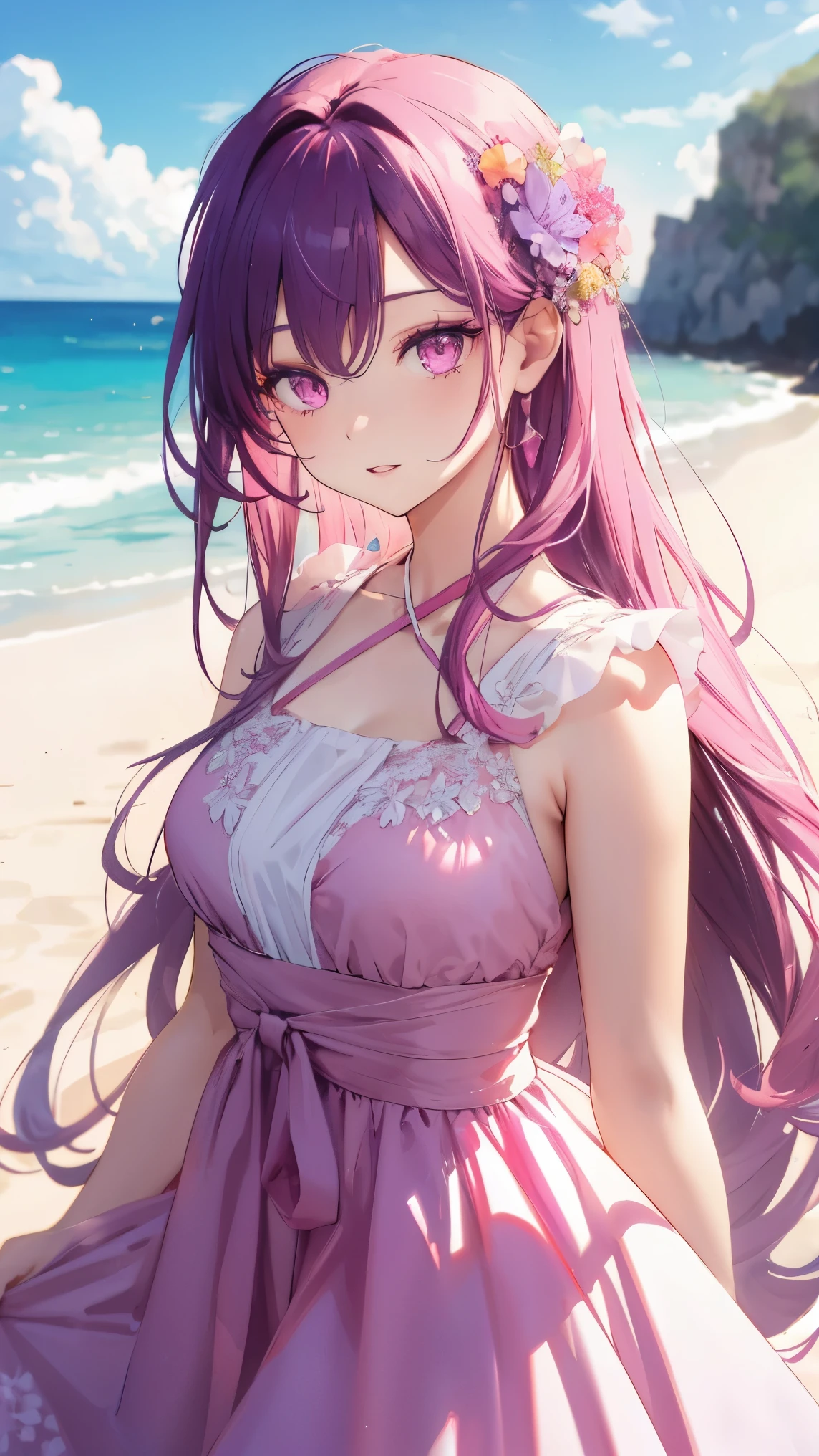 do, high resolution, best quality, Very detailed, pink eyes, beautiful woman, Purple dress，beach，long hair