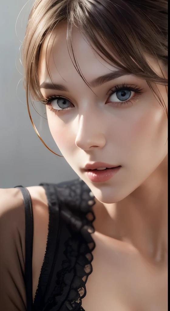 8k uhd、RAWphotograph、モデルphotograph撮影、 (masterpiece, highest quality, photorealistic, High resolution, photograph: 1.3), Close-up, Focusing, hot models, slim, 30 year old mature woman、small face、short cut hair、dark brown hair、Detailed beautiful eyes、realな肌, (perfect body), Sexy hot face, erotic, sexual gaze, slim, Sweat top, Detailed beautiful eyes、glossy lips、small breasts、、bust B cup、((bright light、dynamic lighting、real、超real、 realism、realistic details、Cool Beauty、cool pose、sexy costume、background gray、Plain gray background