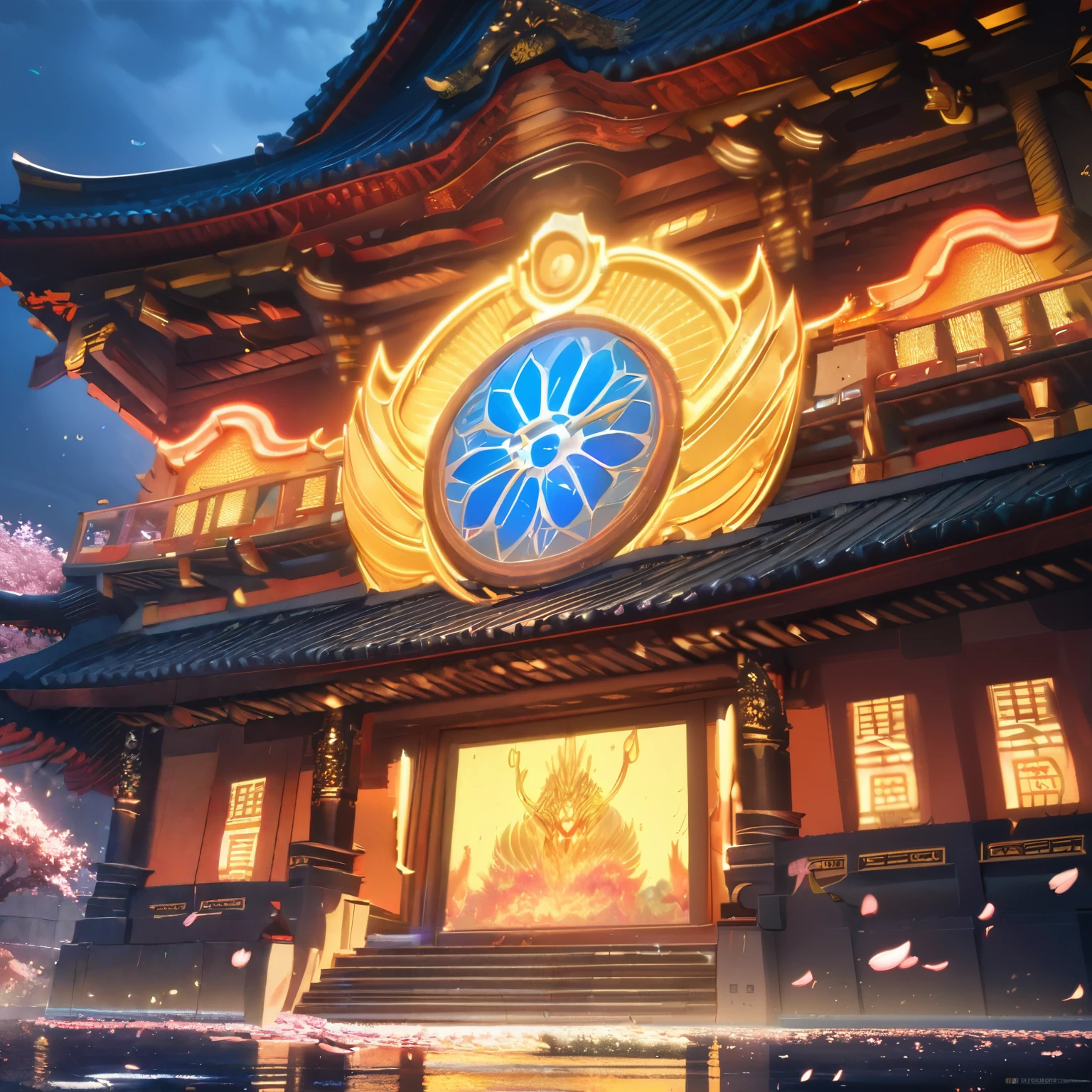 (best quality,8k,highres, masterpiece:1.2), ultra-detailed, HDR, UHD, studio lighting, ultra-fine painting, sharp focus, physically-based rendering, extreme detail description, professional, vivid colors, bokeh, portraits, concept artists, warm color palette, dramatic lighting,no humans,A temple with gold leaf pasted on the entire building stands on the water, a golden phoenix at the top of the temple, a blue sky, a blizzard of cherry blossoms,(anime style),wide view,