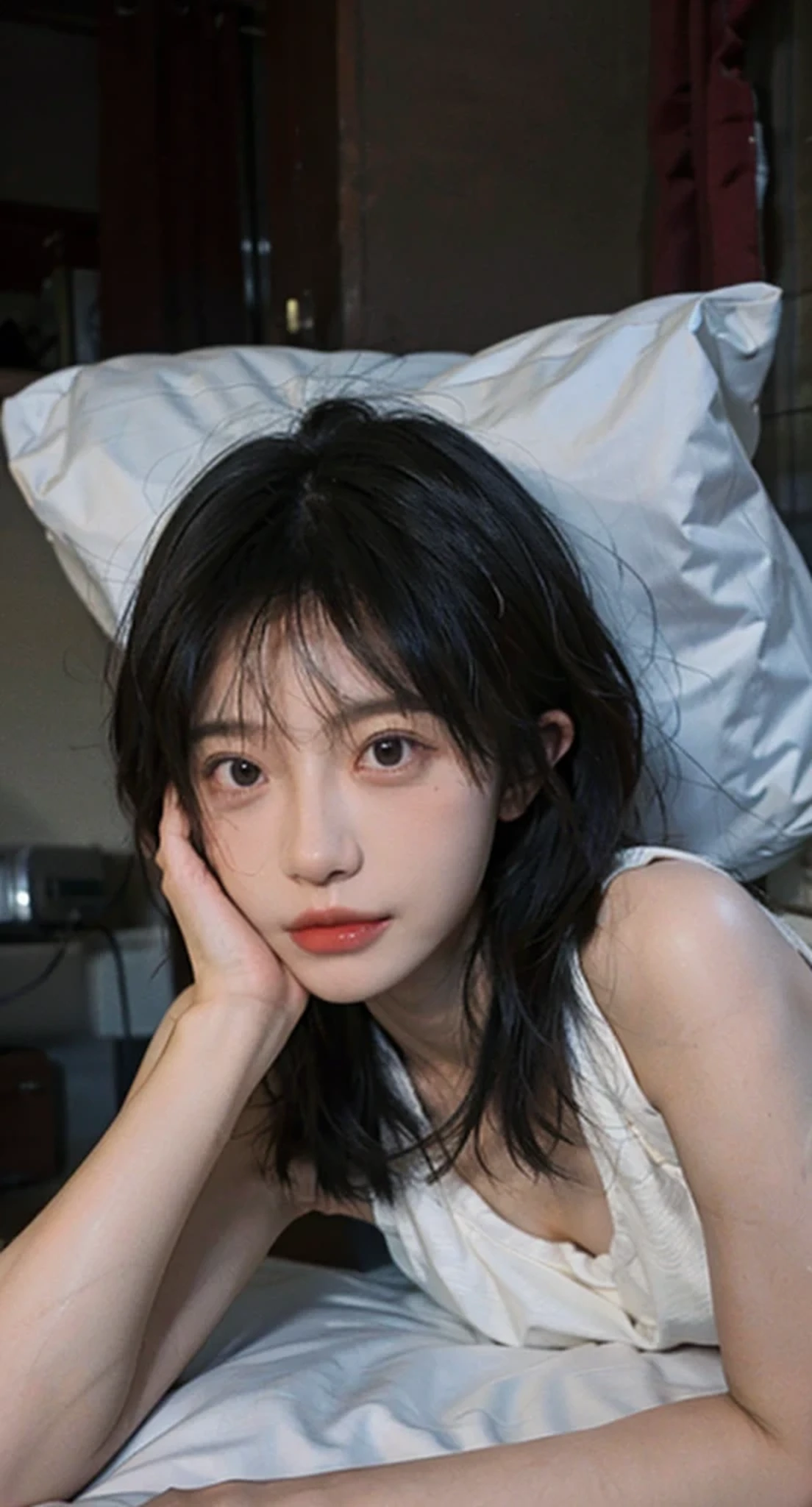 best qualtiy, ultra high resolution, (realisticlying:1.4),1girll,short detailed hair,bunnygirl,Raised sexy,Lying in bed, pink, cute.