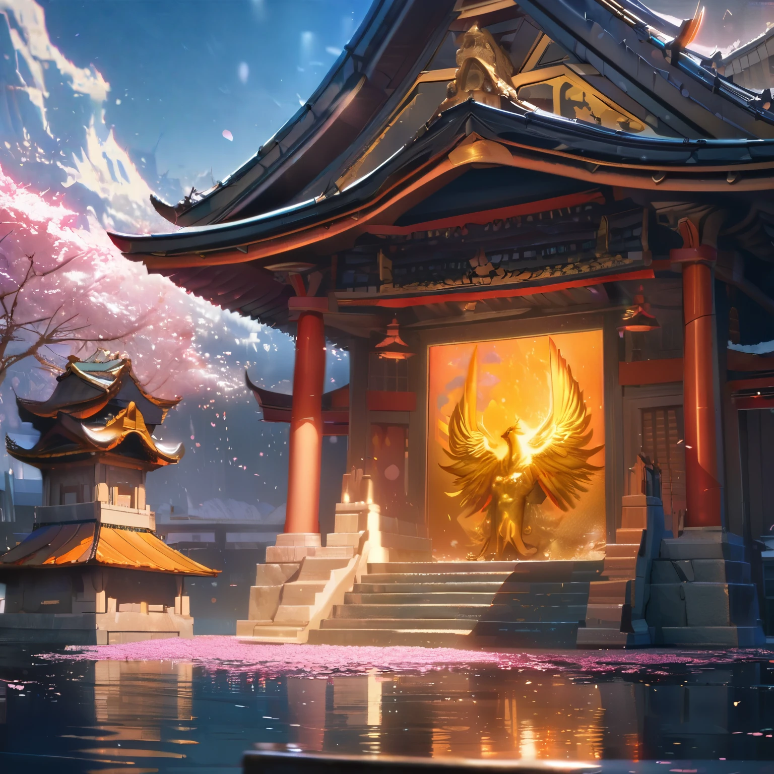 (best quality,8k,highres, masterpiece:1.2), ultra-detailed, HDR, UHD, studio lighting, ultra-fine painting, sharp focus, physically-based rendering, extreme detail description, professional, vivid colors, bokeh, portraits, concept artists, warm color palette, dramatic lighting,no humans,A temple with gold leaf pasted on the entire building stands on the water, a golden phoenix at the top of the temple, a blue sky, a blizzard of cherry blossoms,(anime style),wide view,