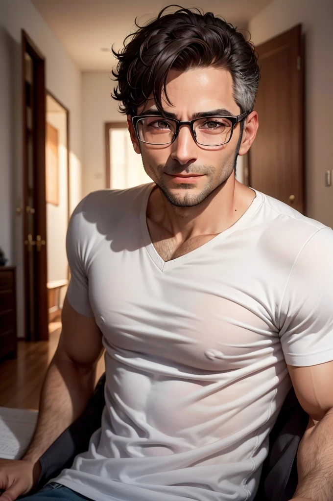 man with extremely serious clothes, with glasses sitting on the chair, he is in a totally stylish look looking sensually at the camera