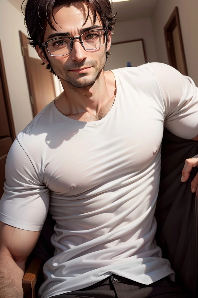 adult male, 35 years old, dark brown eyes, with glasses, thin, no muscles,White shirt, stare in front of the camera, smile、Massiroi realistic photo
