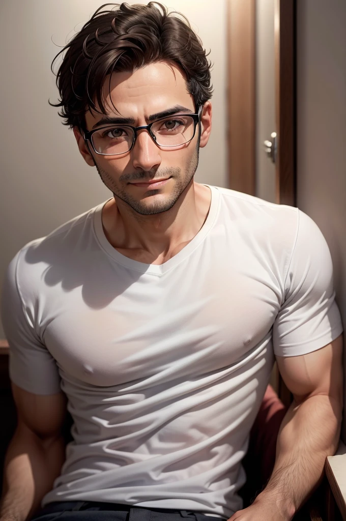 adult male, 35 years old, dark brown eyes, with glasses, thin, no muscles,White shirt, Chako Lulu stares in front of the camera, smile、Massiroi realistic photo

