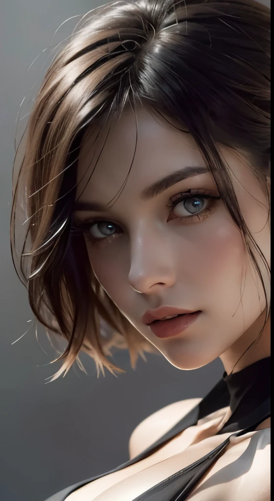 8k uhd、RAWphotograph、モデルphotograph撮影、 (masterpiece, highest quality, photorealistic, High resolution, photograph: 1.3), Close-up, Focusing, hot models, slim, 30 year old mature woman、small face、short cut hair、dark brown hair、Detailed beautiful eyes、realな肌, (perfect body), Sexy hot face, ,  gaze, slim, Sweat top, Detailed beautiful eyes、glossy lips、small breasts、、bust B cup、((bright light、dynamic lighting、real、超real、 realism、realistic details、Cool Beauty、cool pose、sexy costume、background gray、Plain gray background