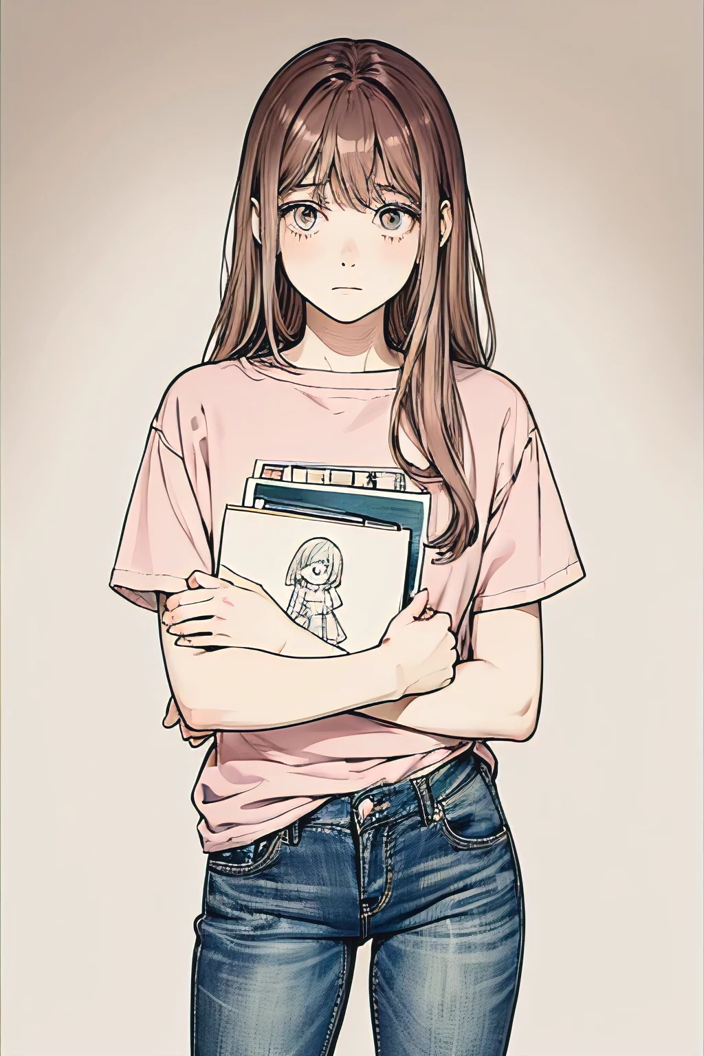 20 year old girl wearing gray jeans with a pink shirt brown hair, document in hand, standing, standing, staring, hands with paper, sad, sadness, cold ((cartoon, crayon), (dark painting), ( fear)) 20 year old girl wearing gray jeans with a pink shirt brown hair, document in hand, standing, standing, staring, hands with paper, sad, sadness, cold ((cartoon, crayon), (dark painting ), (fear))