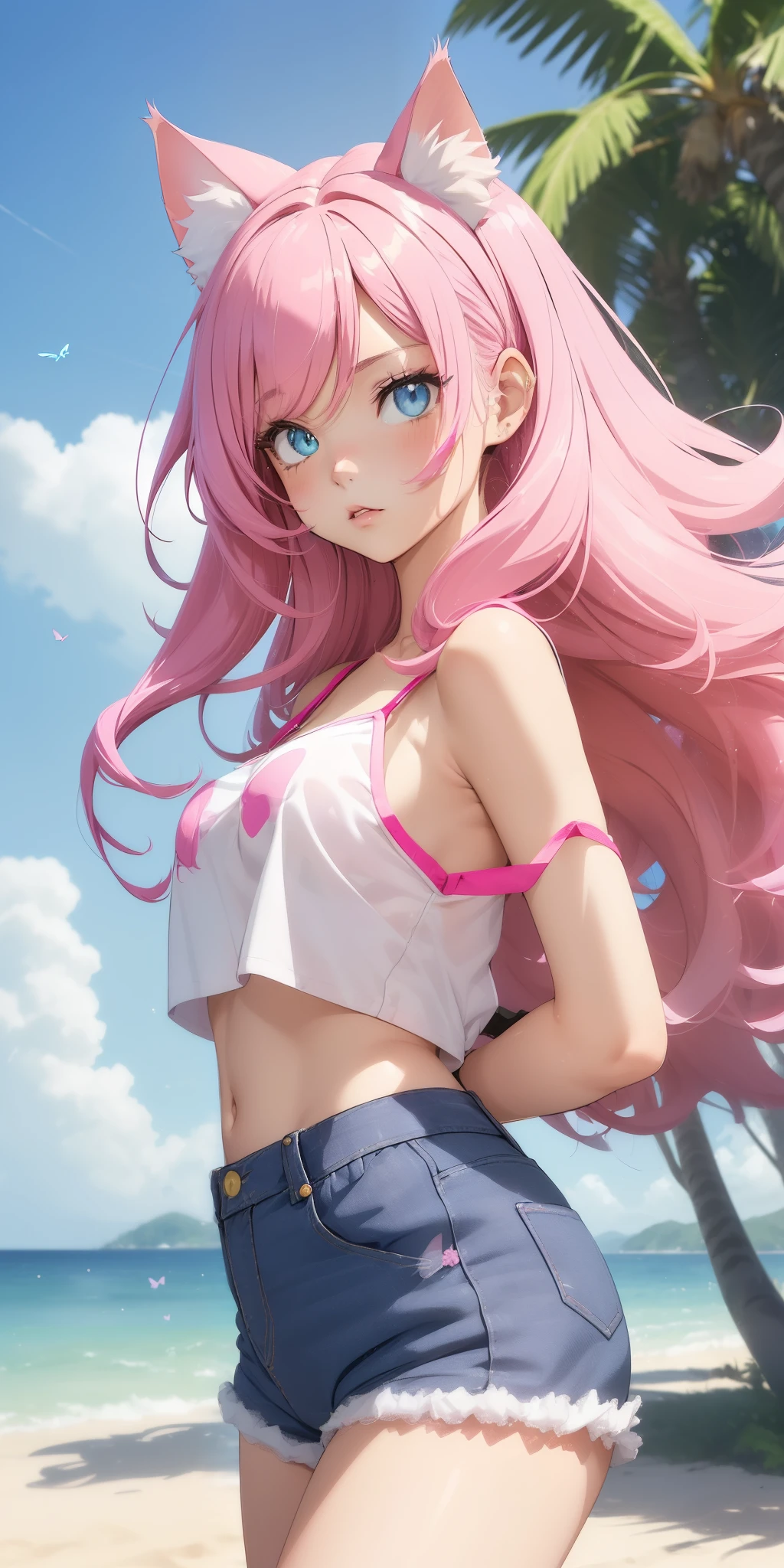 (((1 cat girl ))), ((cat ears)) solo, (((long hot pink hair blown by the wind))), blue eyes, cropped top and short shorts kawaii jeans, spaghetti strap, short, lace, look at the viewer, luxurious, elegant, extremely detailed, parted lips, shy, feminine charm, blurry, beautiful sky, trees, beach, butterfly, beautiful flowers, depth of field