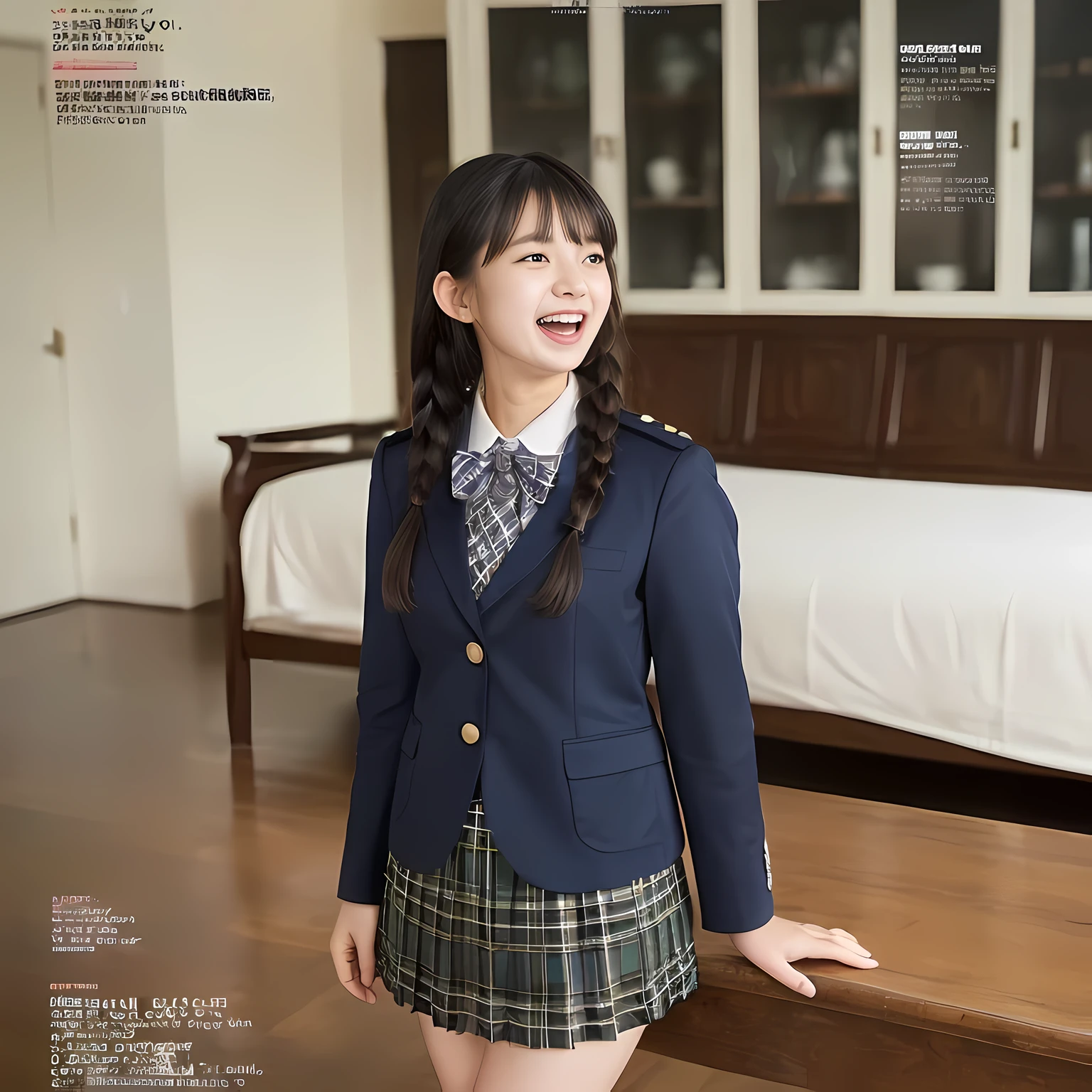 (highest quality、masterpiece:1.2)、highest quality、realistic、photograph、High resolution、1080p、8K、The face is especially pale., physical rendering、((only one Japanese girl)), (((((A 15-year-old Japanese girl, 155cm tall, is a super beautiful fashion model for a magazine for girls, appealing to readers how cute she is in uniform.))))), , (((big very detailed beautiful dark brown eyes))), ((blue girly large wine-red glossy polyester Japanese school ribbon bow tie)), (((black very beautiful and very very long braids hair))), ((((deep blue colored tartan checkered formal long pleated pleated skirt)))), ((A unpatterned formal dark blue blazer in solid that is slightly oversized and has an emblem on the left chest.)), (((((((laughing at me!))))))), mouth is open, The large blazer and skirt are very cute., detailed fingers, ((curled bangs)), so beautiful, ((Carefully and delicately beautifully drawn、Very big and very very very cute eyes of a Japanese girl)), double eyelids, thin eyebrows, ((drooping eyes)), (((very long eyelashes))), ((cute lovely lovely laughing laughing cheeks)), ((Pure white light hits her face from above and in the front, making her skin and eyes shine beautifully.)), ((Strong light hits the nose and cheeks、It brings out the richness of the expression.)), (((((Her face is expressive, very clean and very intelligent.))))), (((Girls are watching viewers))), (((((At a very gorgeous room))))), (((shot from the side)))
