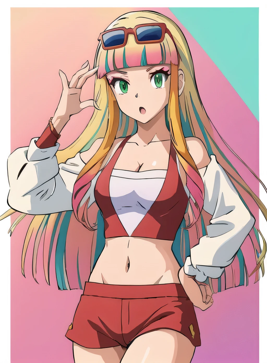 best quality, (masterpiece),(ultra-detailed), (high quality), (high resolution),risa, long hair, blonde hair, green eyes, multicolored hair, pink hair, blunt bangs, makeup, sunglasses, cleavage, fit body, surprised expression, crop top, long sleeves , midriff, panties,
