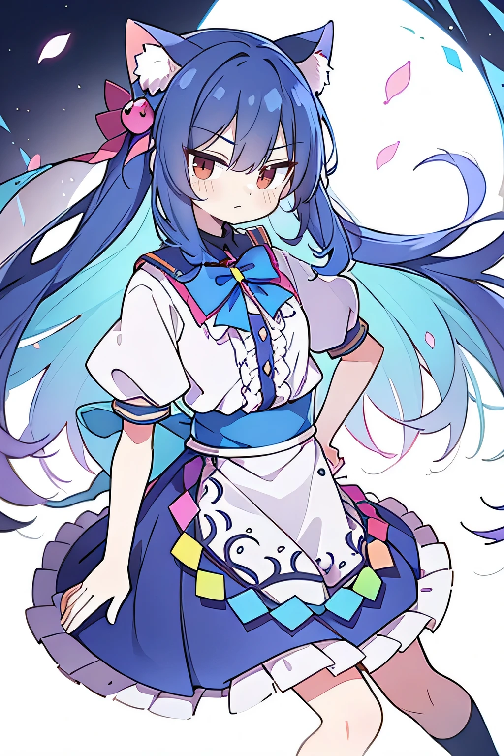 (masterpiece),best quality, expressive eyes, perfect face, 1girl,
Put your hands on your waist,fair, Gorgeous,Japanese cartoons,girl,lola,Hina Angel, blue hair, blue haired, floating clothes,Grab your waist, Grab your waist, hands on hips , hands on hips,sit, sit on ground, Legs on the ground, flat chest,cat ears,Petals fall,red eyes,