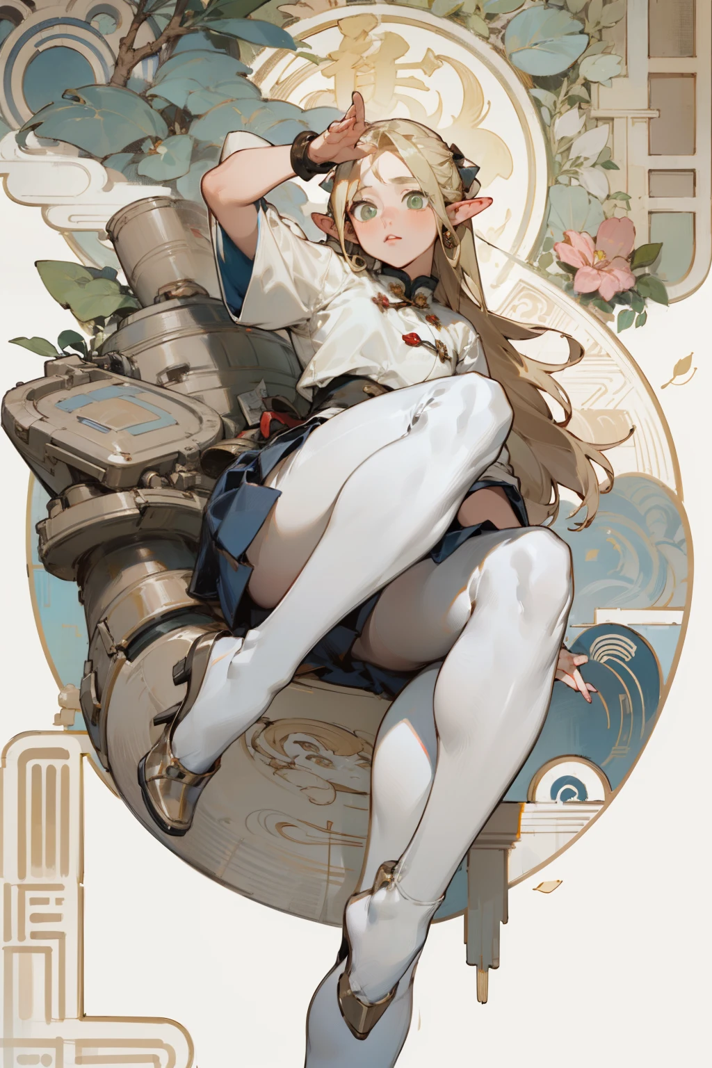 (masterpiece, best quality) detailed, Wearing white tights, silver accessories ,, Blonde ,elegant, Pointed ears ,Chinese element pattern,thigh,漏出thigh,White shirt,White pleated skirt,Alphonse Mucha
